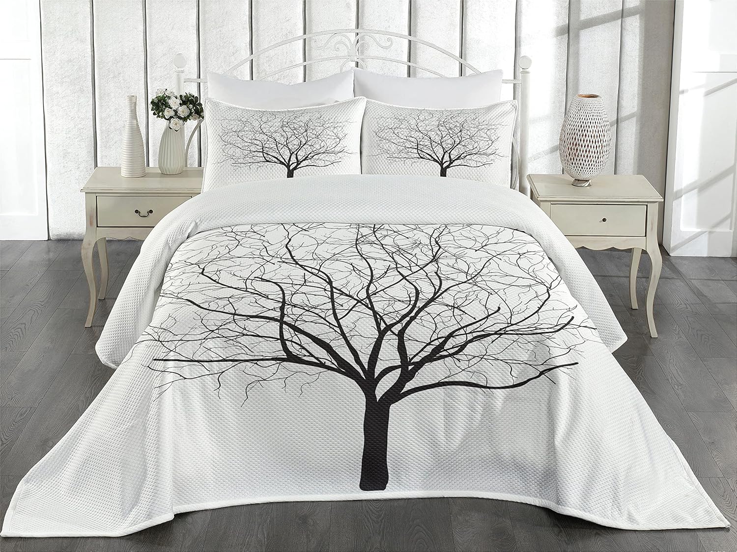 Ambesonne Tree Coverlet Set Charcoal Grey White King Size