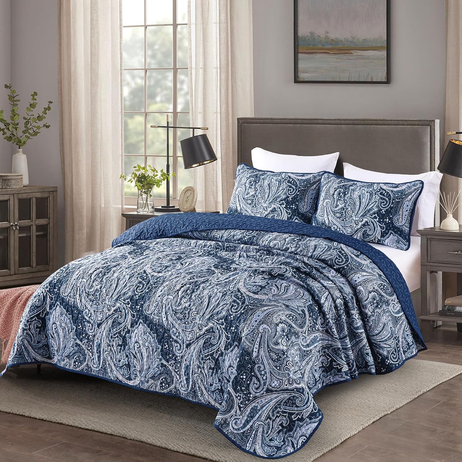 DJY Navy Paisley Queen Quilt Set 3 pcs