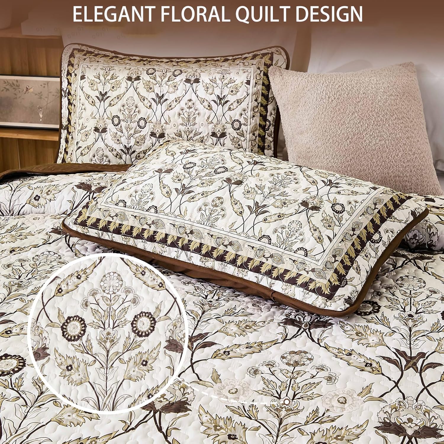 DJY Brown Floral Quilt Set King 3 Pieces