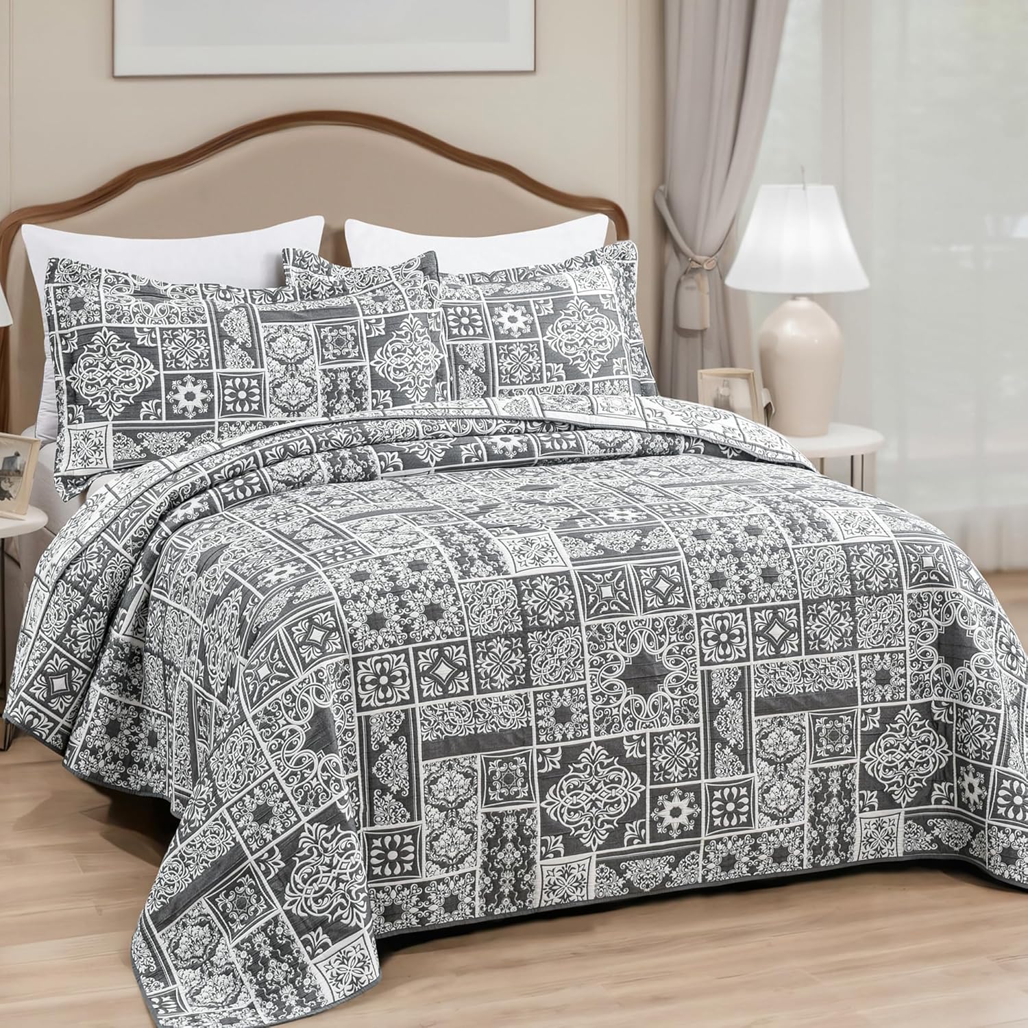 Asuexpect 3 Piece Grey Patchwork Bedspread Set King Size 1
