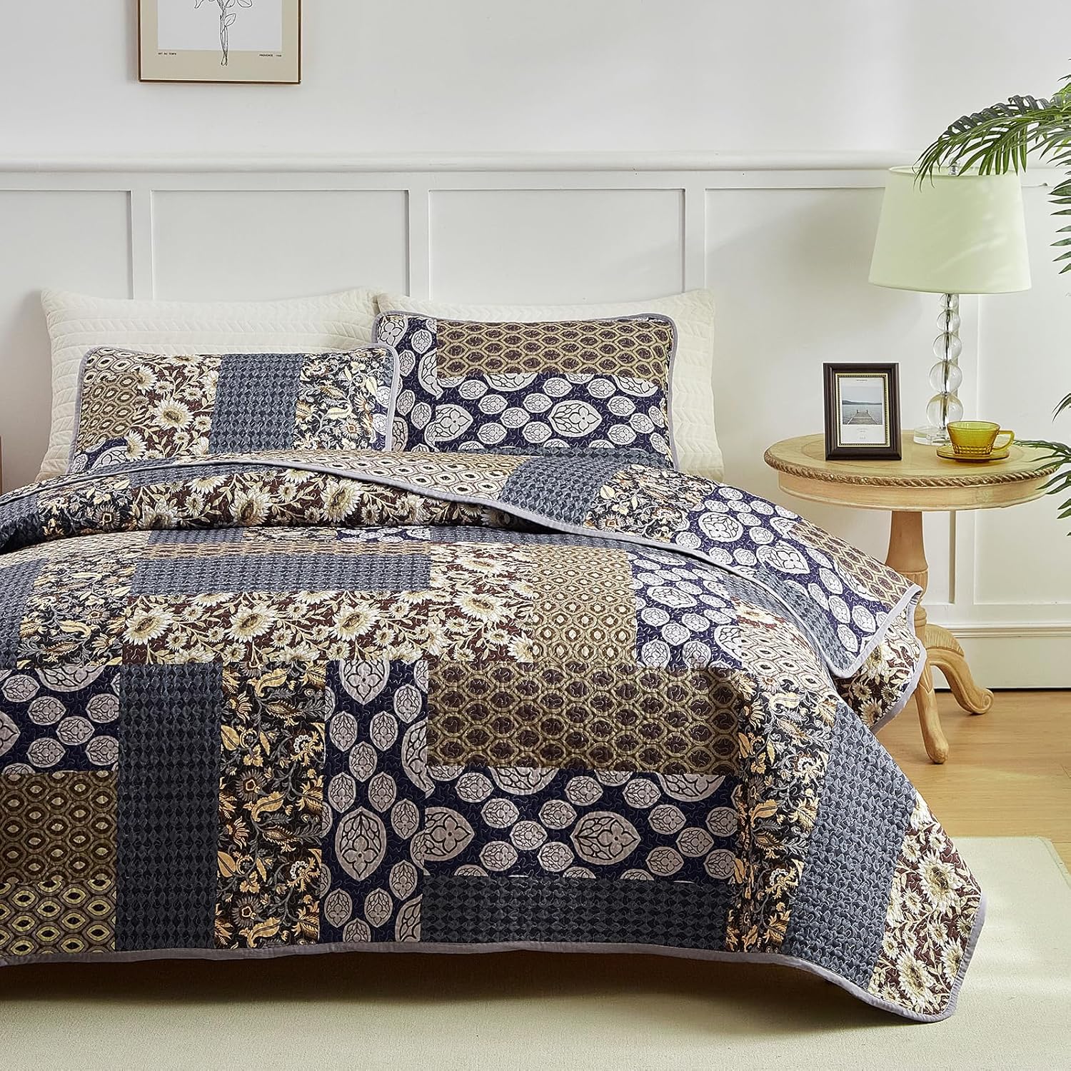 Flysheep 3-Piece Patchwork Quilt Set Khaki Blue Farmhouse Bedspread
