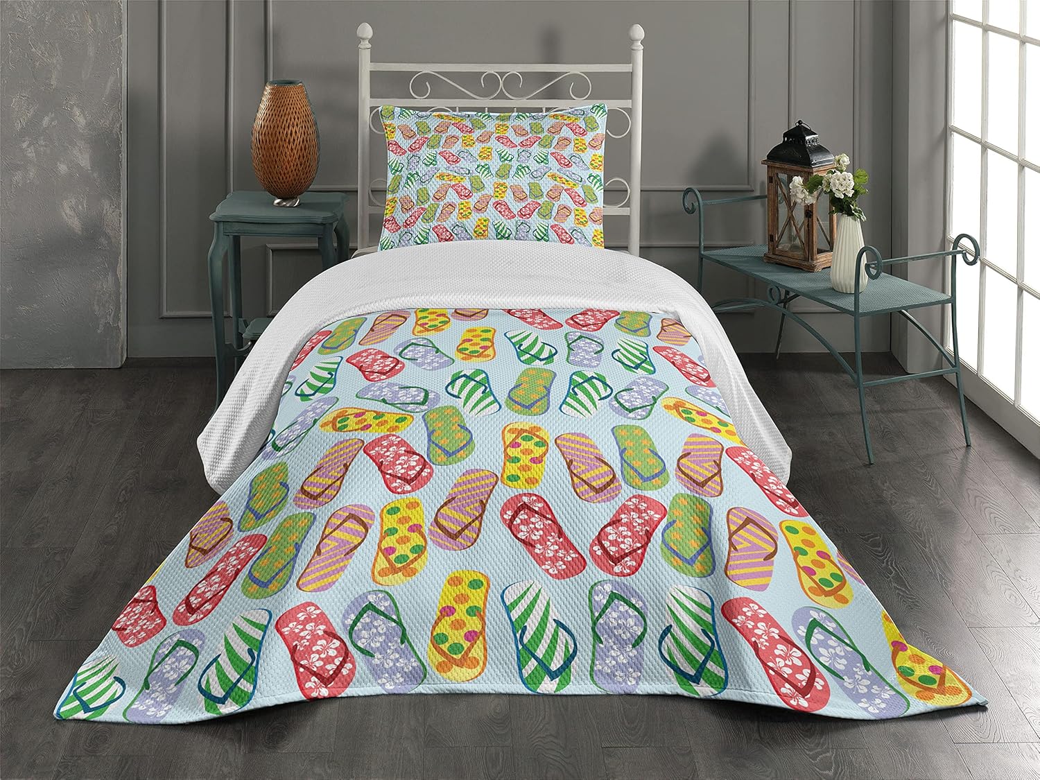 Ambesonne Flip Flop Coverlet Set Twin Size Yellow Blue
