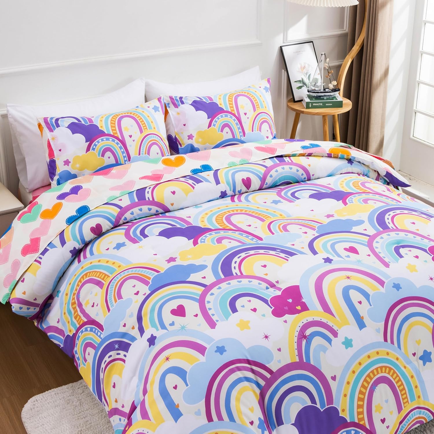 Btargot 5 Piece Light Purple Rainbow Comforter Set for Kids 1