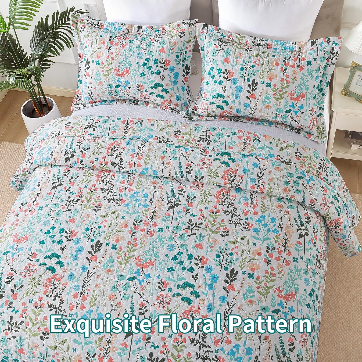 TWINRUN Floral Queen Quilt Bedding Set - 3 Piece Farmhouse Garden Style