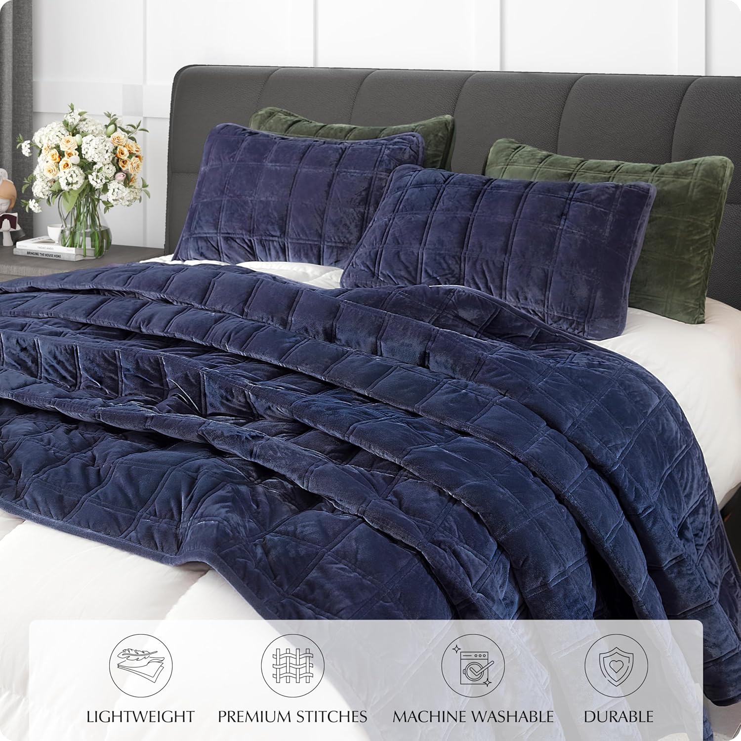 Fleeco 92 x 96 Velvet Quilt Set Queen Size Navy Blue