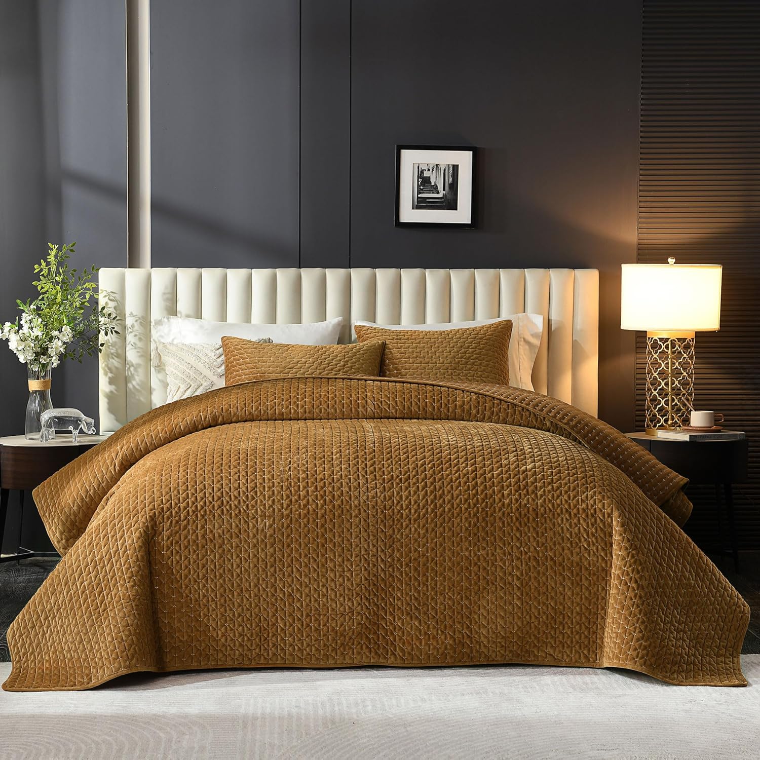 Grassix Velvet Quilt Set Queen Size with 2 Shams