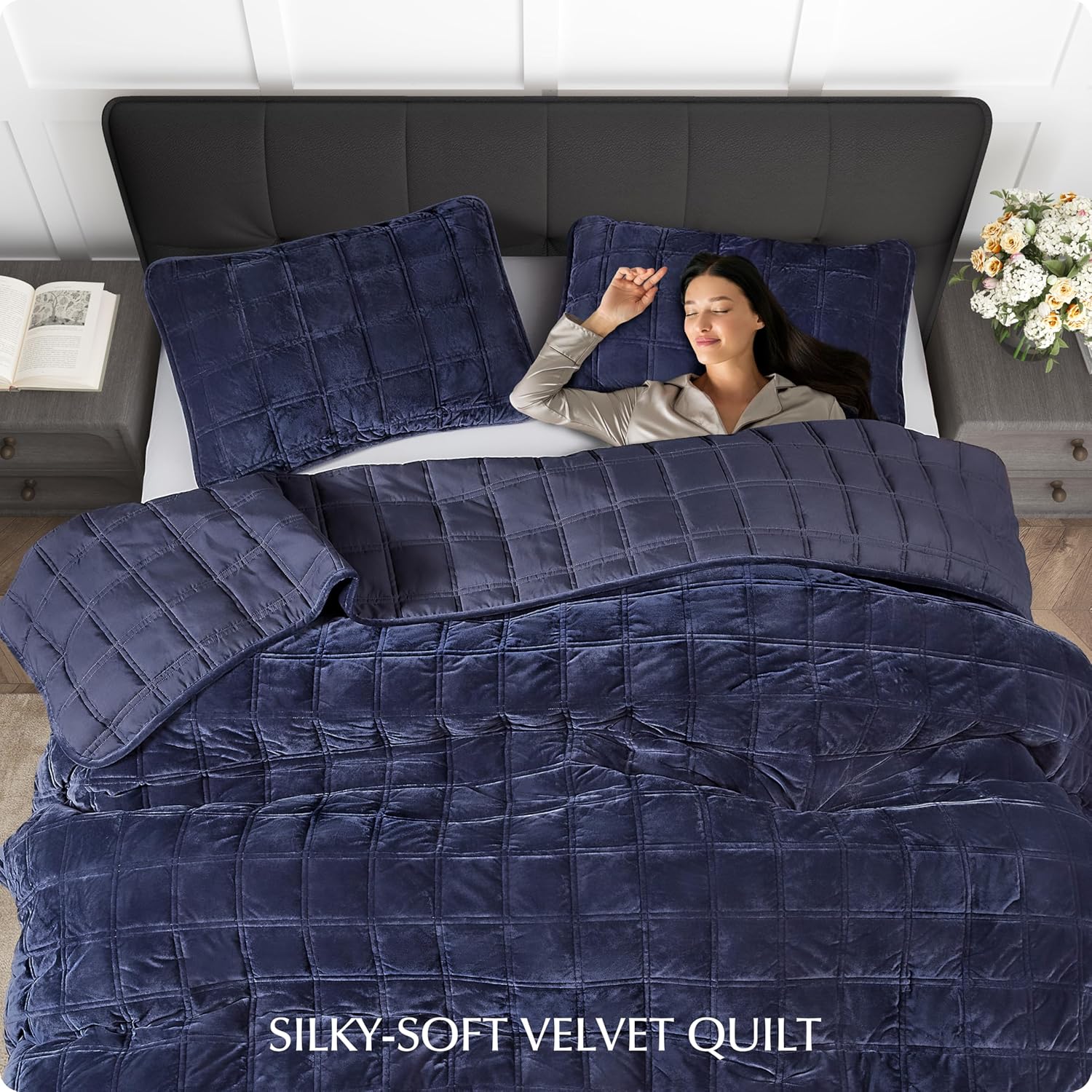 Fleeco 92 x 96 Velvet Quilt Set Queen Size Navy Blue