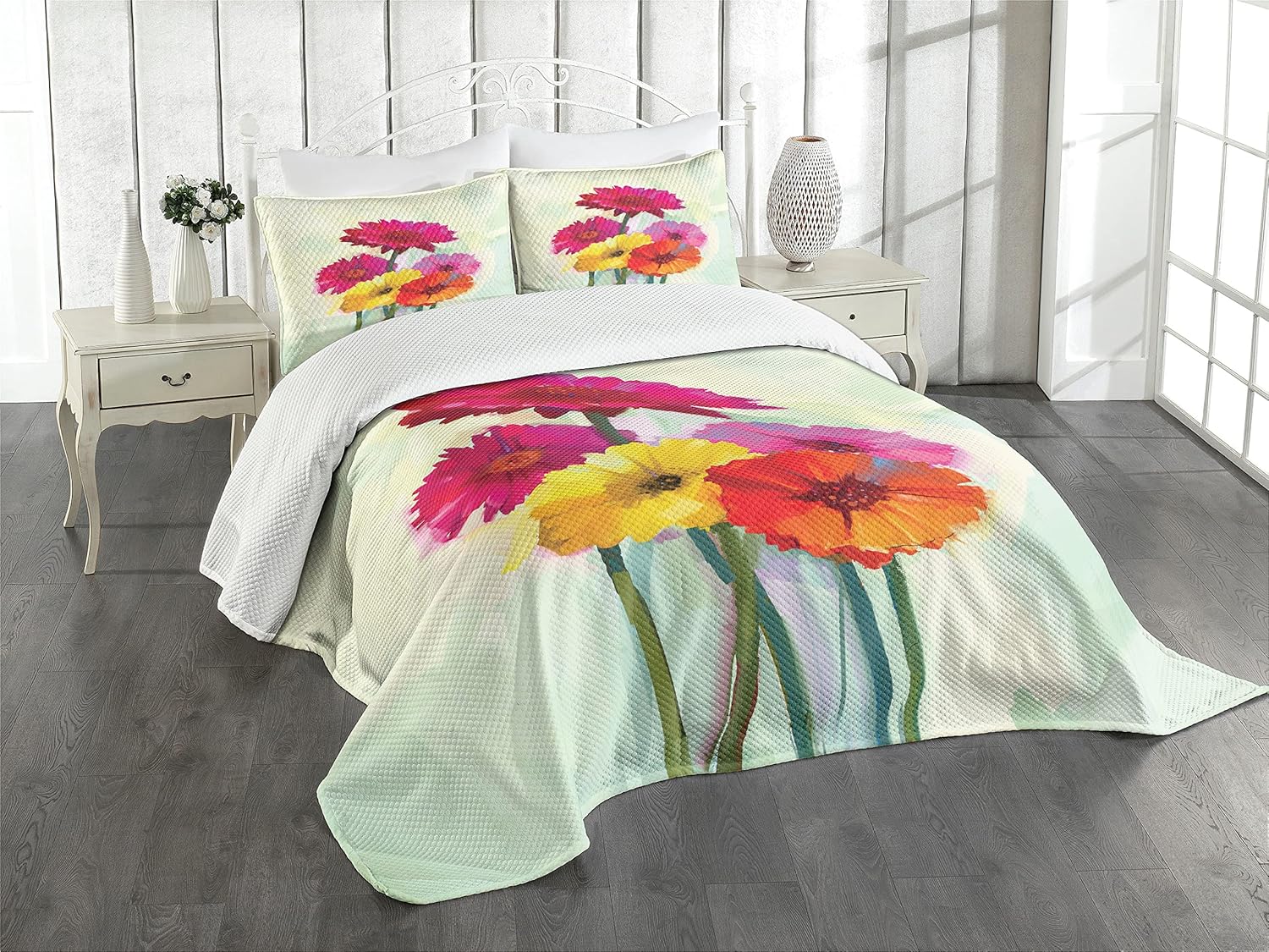 Ambesonne Gerber Daisy Bedspread Set Queen Size Magenta Orange