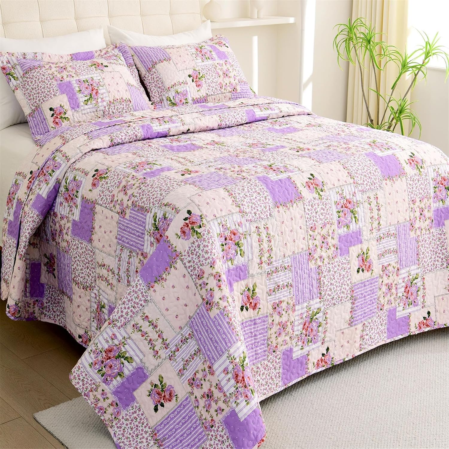 Cmfshape Reversible Lilac Floral Quilt Set