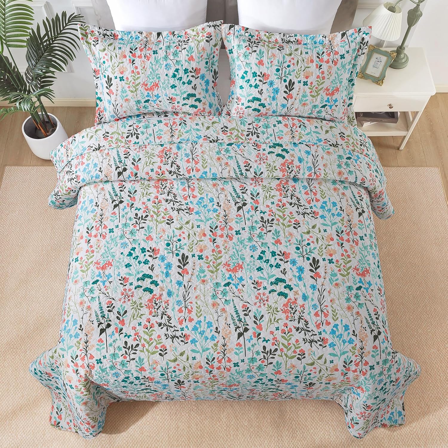 TWINRUN Floral Queen Quilt Bedding Set - 3 Piece Farmhouse Garden Style