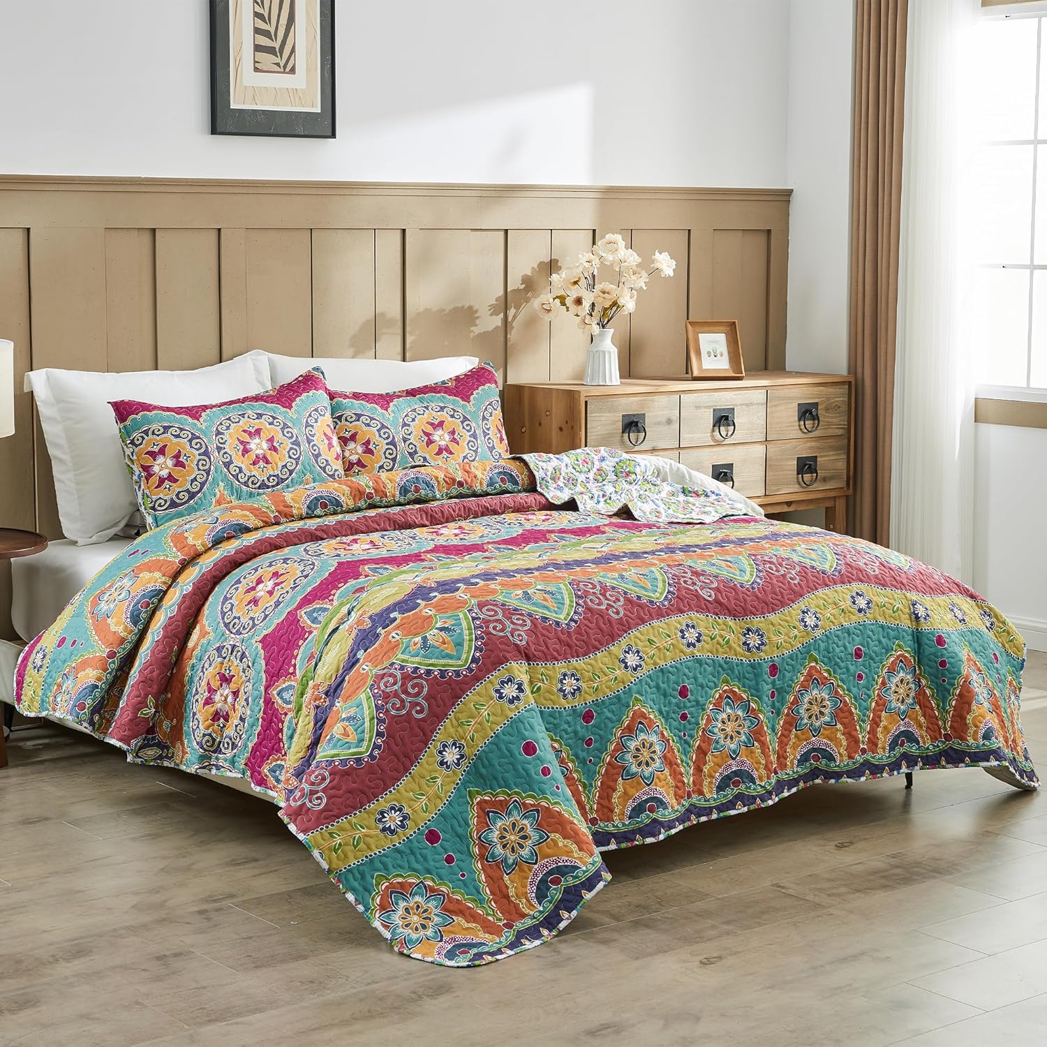 Vibrant Boho Reversible King Size Quilt Set