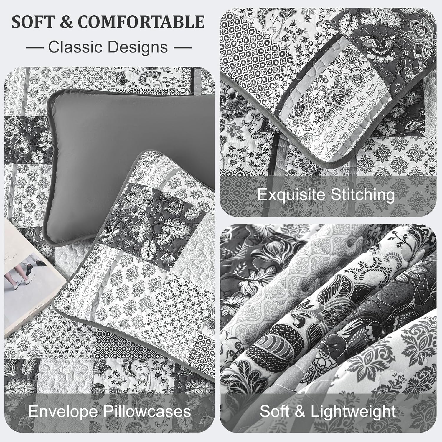 WONGS BEDDING Grey Patchwork Quilt Set King Size 3 Pieces
