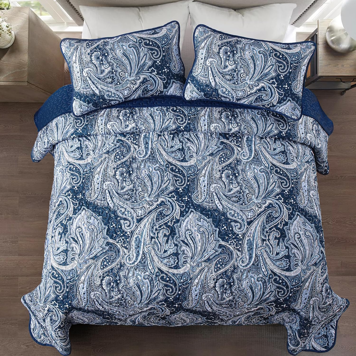 DJY Navy Paisley Queen Quilt Set 3 pcs
