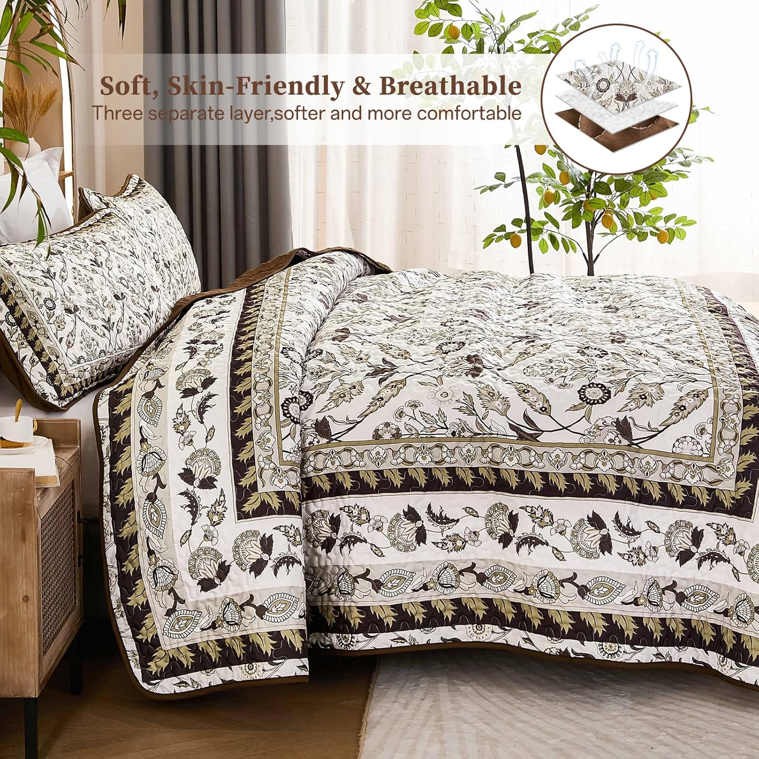 DJY Brown Floral Quilt Set King 3 Pieces