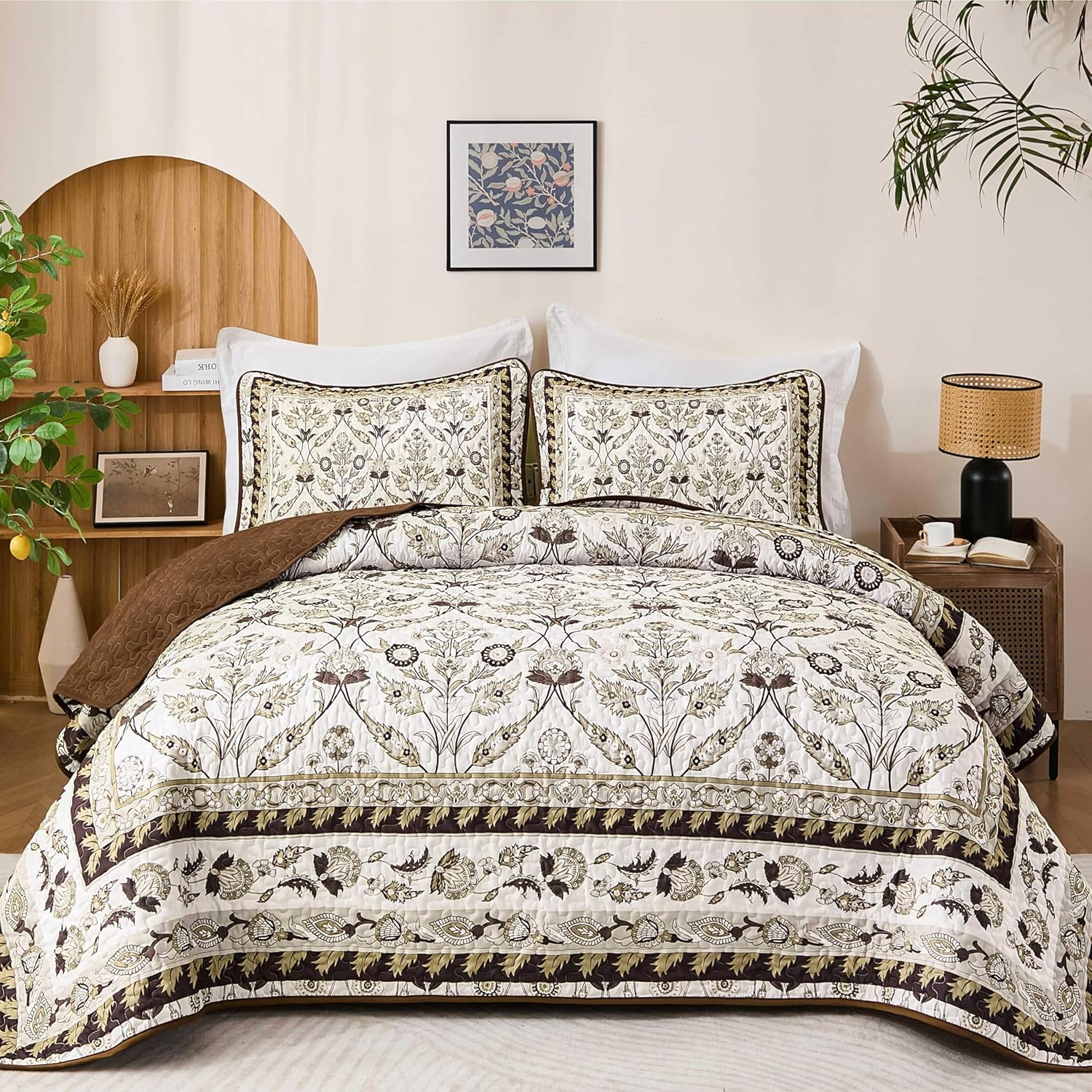 DJY Brown Floral Quilt Set King 3 Pieces
