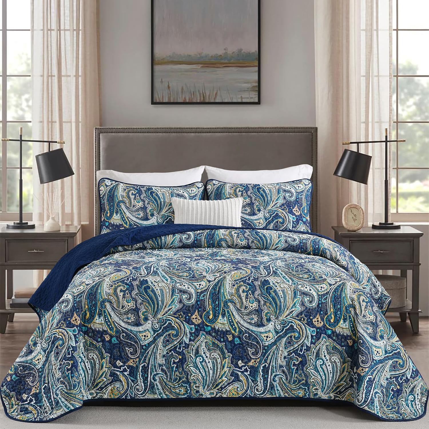 DJY Navy Blue Paisley Quilt Set 3 Piece King Size
