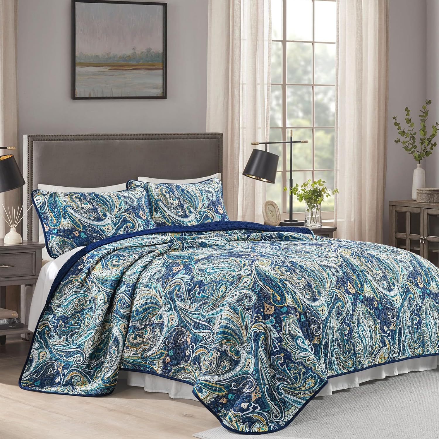 DJY Navy Blue Paisley Quilt Set 3 Piece King Size