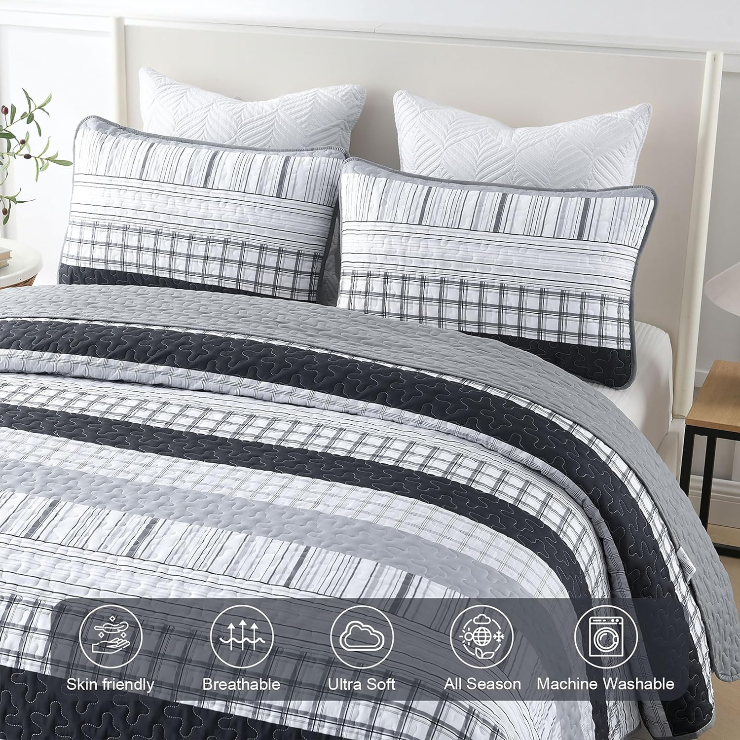 DJY Grey Boho Stripe Quilt Set 3 Piece King Size