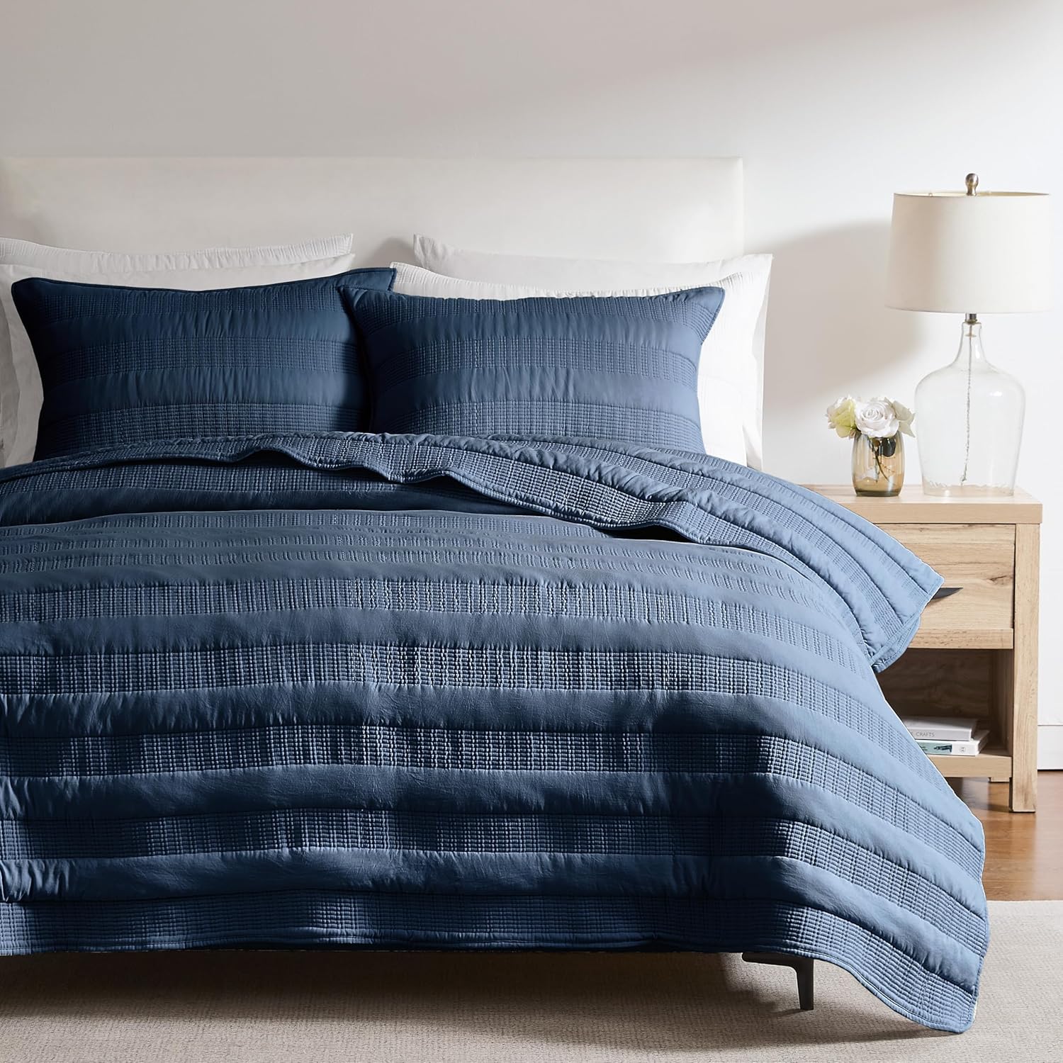 HomeSerene Navy Blue Striped Twin Quilt Set