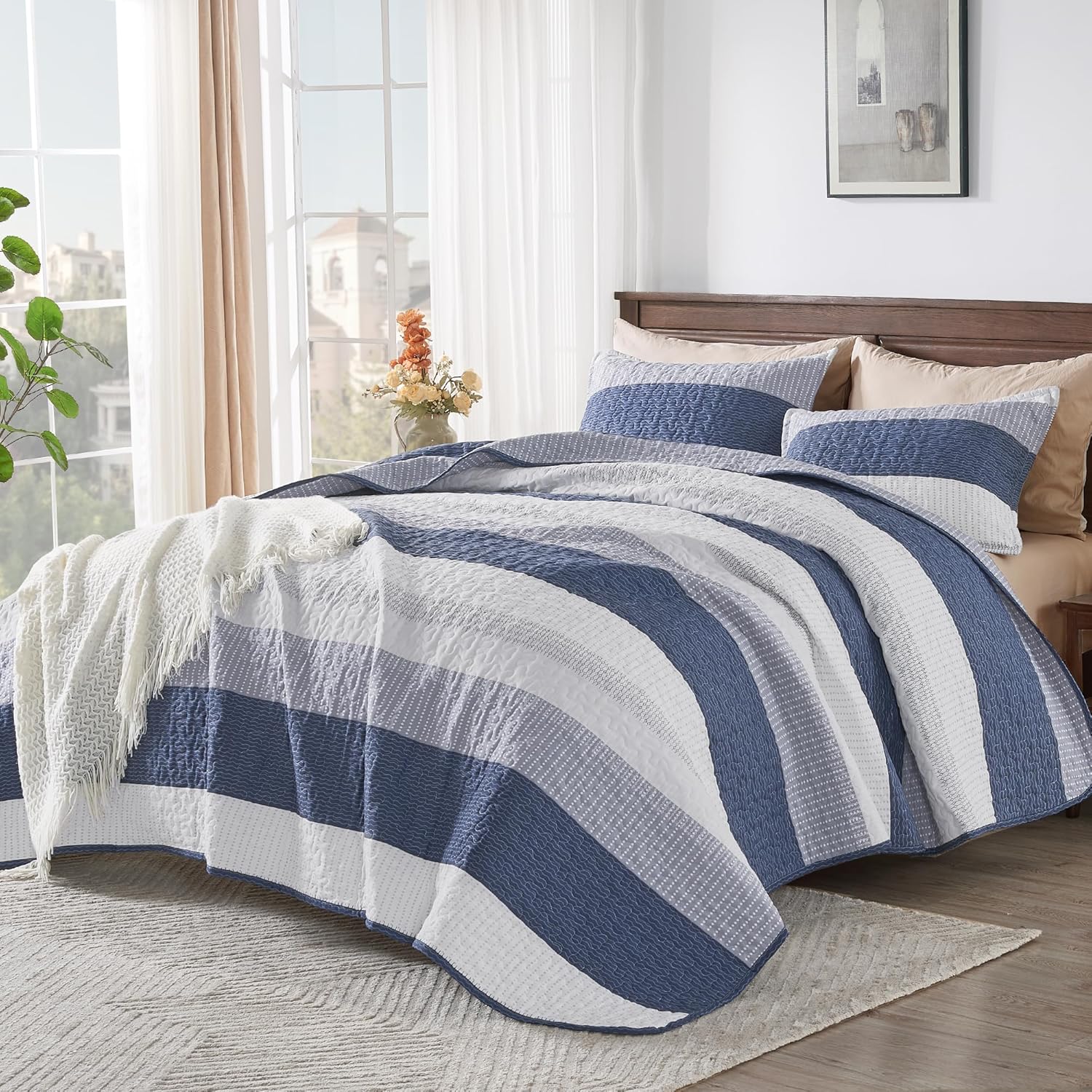 Andency Mineral Blue Striped Quilt Set with Pillowcases