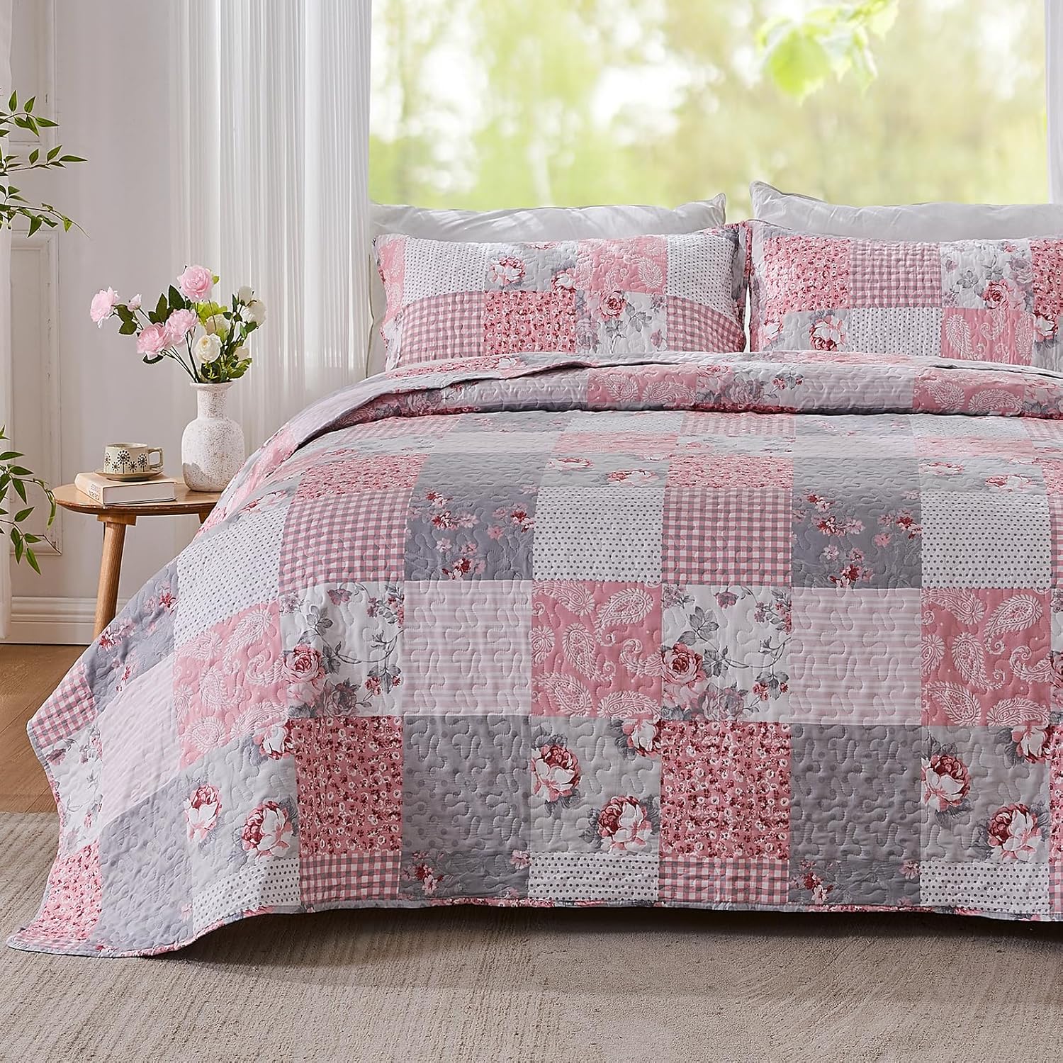 KINBEDY Oversized King Quilt Set 3 Piece Floral Patchwork
