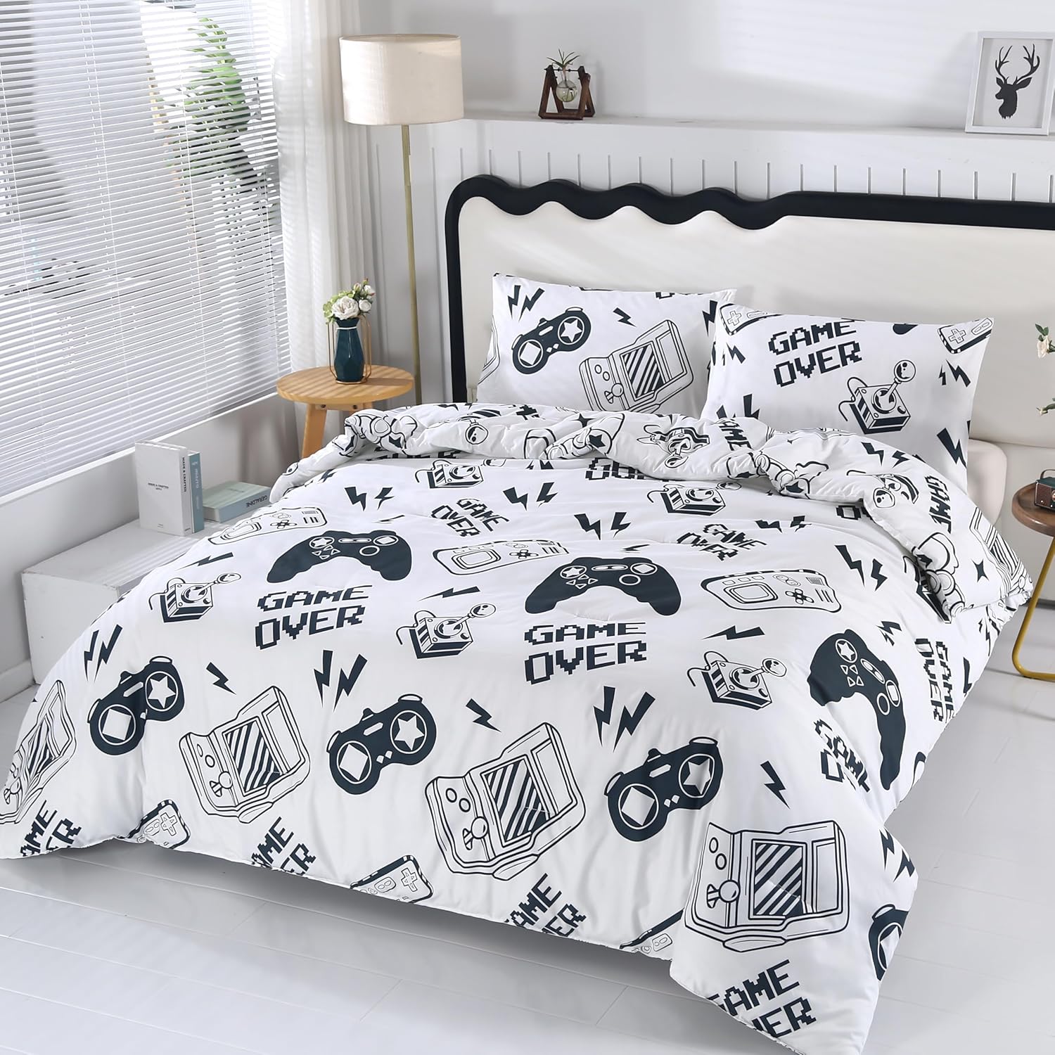 SDIII 3PCS White Gaming Comforter Set Queen