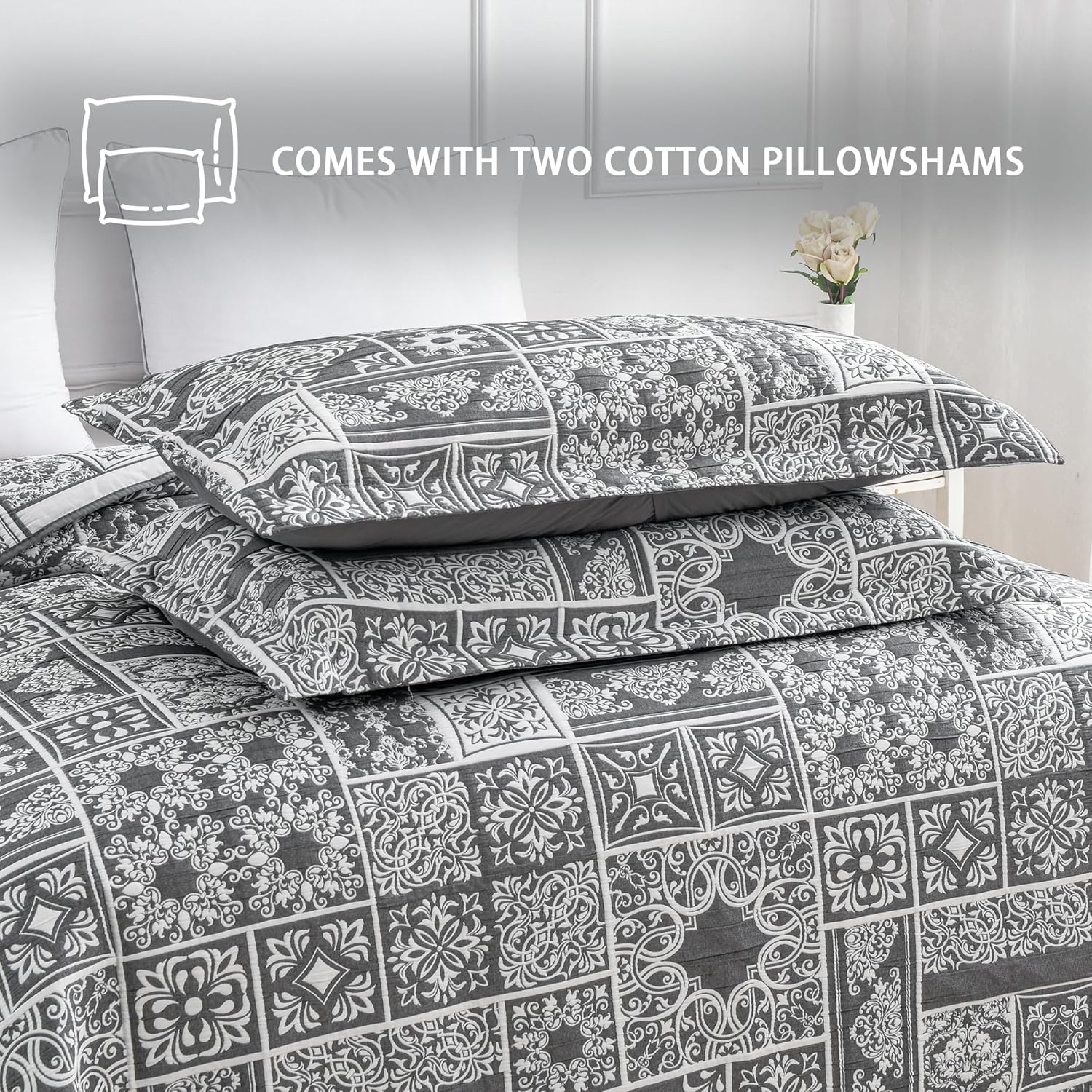 Asuexpect 3 Piece Grey Patchwork Bedspread Set King Size 1
