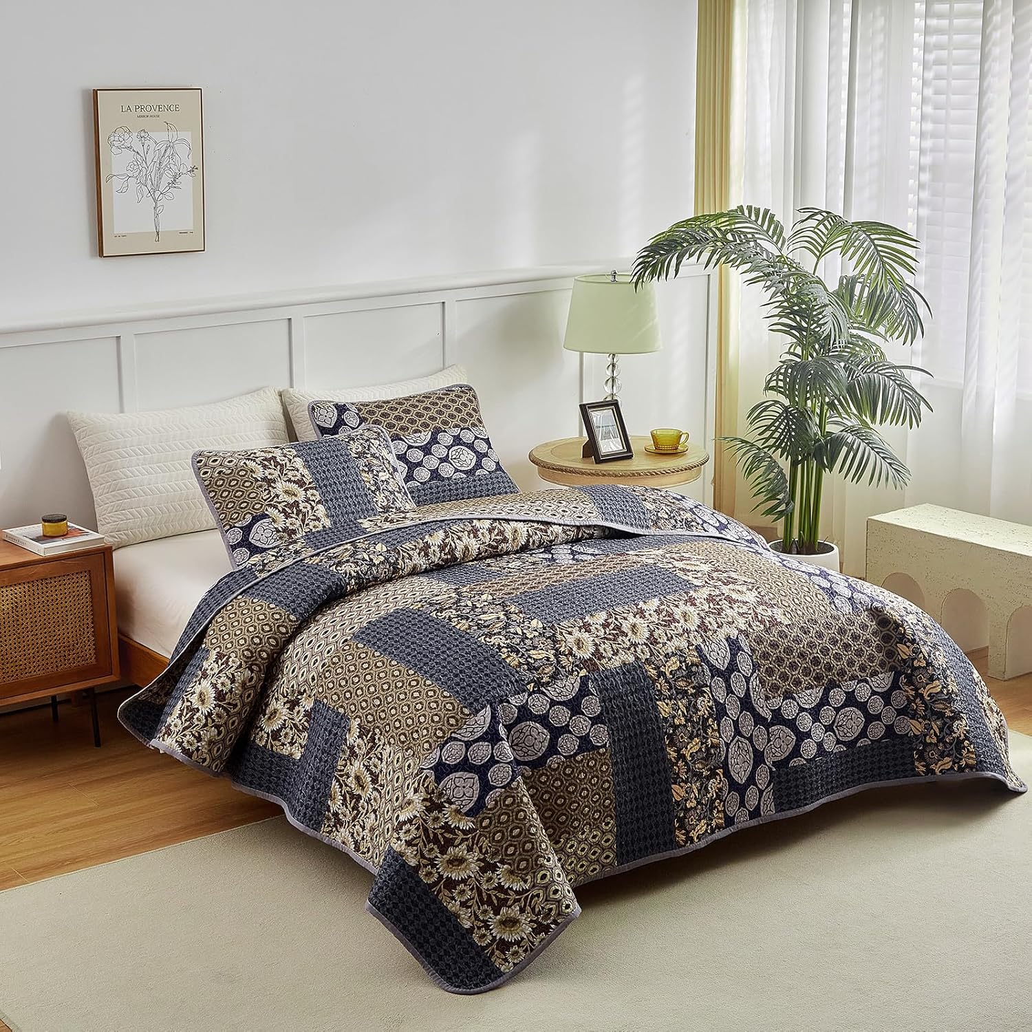 Flysheep 3-Piece Patchwork Quilt Set Khaki Blue Farmhouse Bedspread