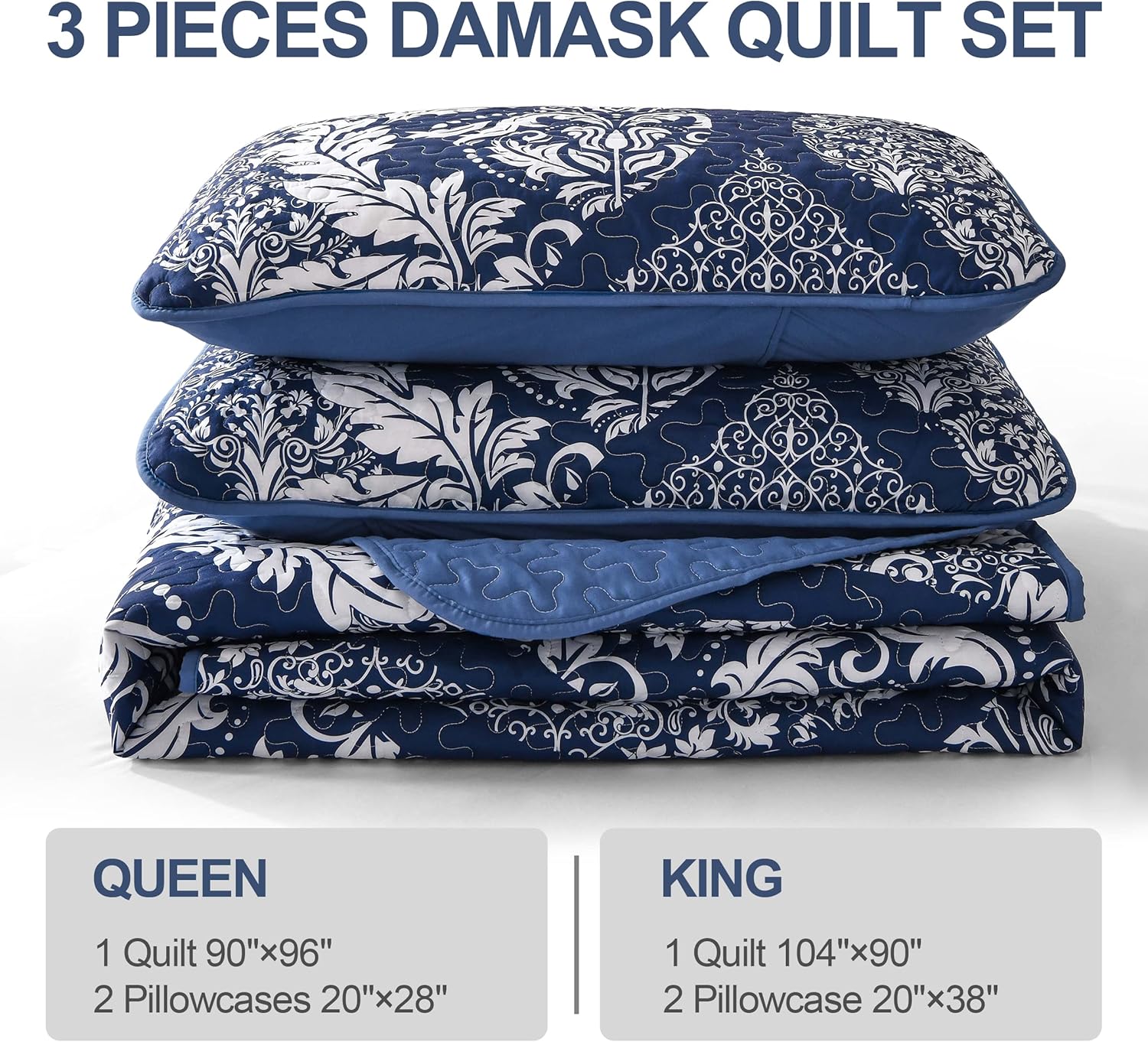 DJY Navy Quilt Set King Size 3 Piece