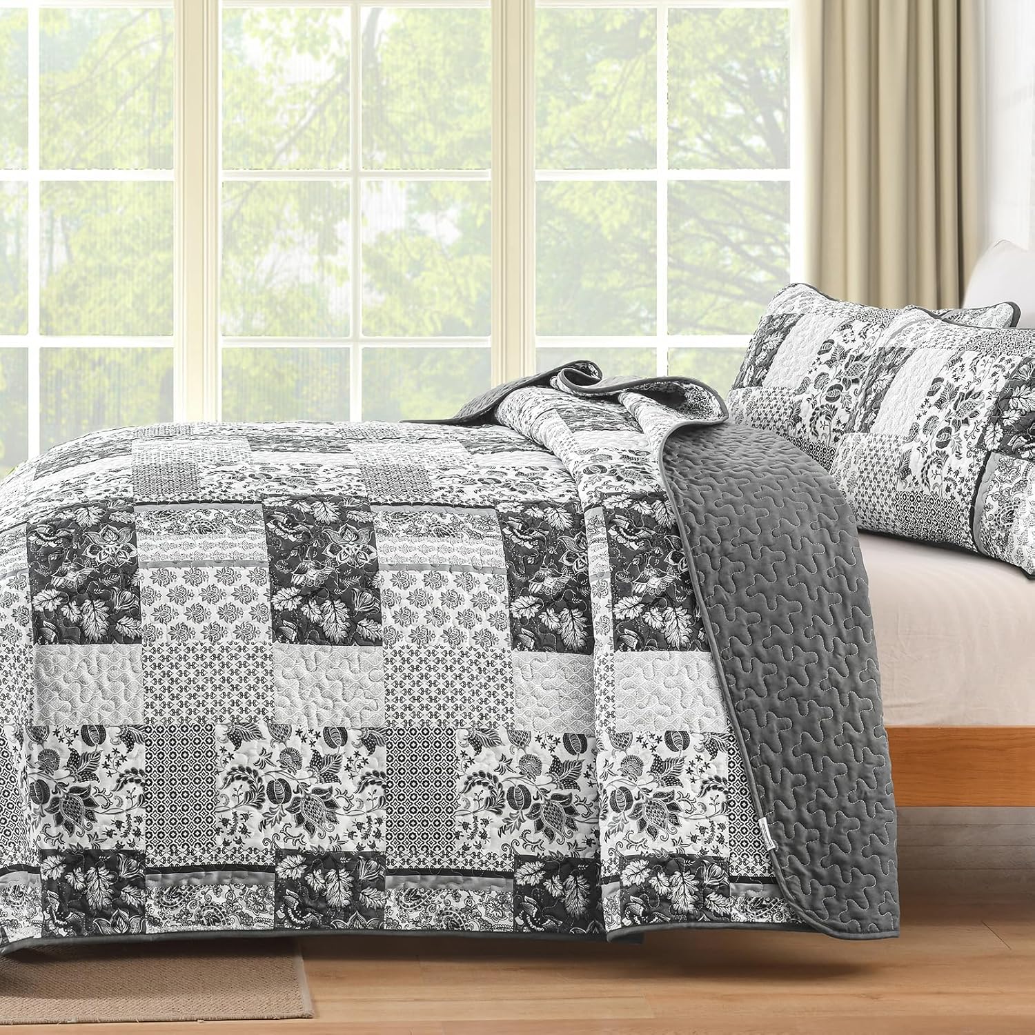 WONGS BEDDING Grey Patchwork Quilt Set King Size 3 Pieces