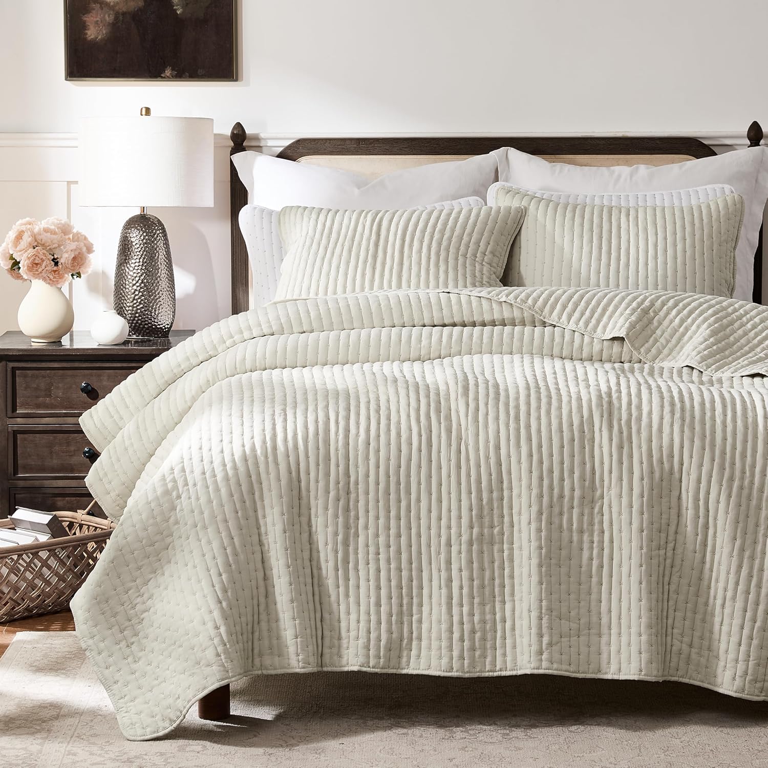 WDCOZY Beige Cross Stitch Queen Quilt Set