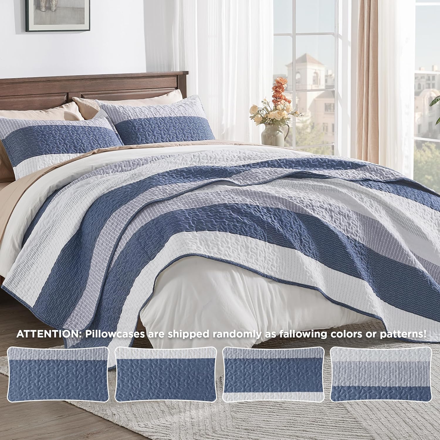 Andency Mineral Blue Striped Quilt Set with Pillowcases