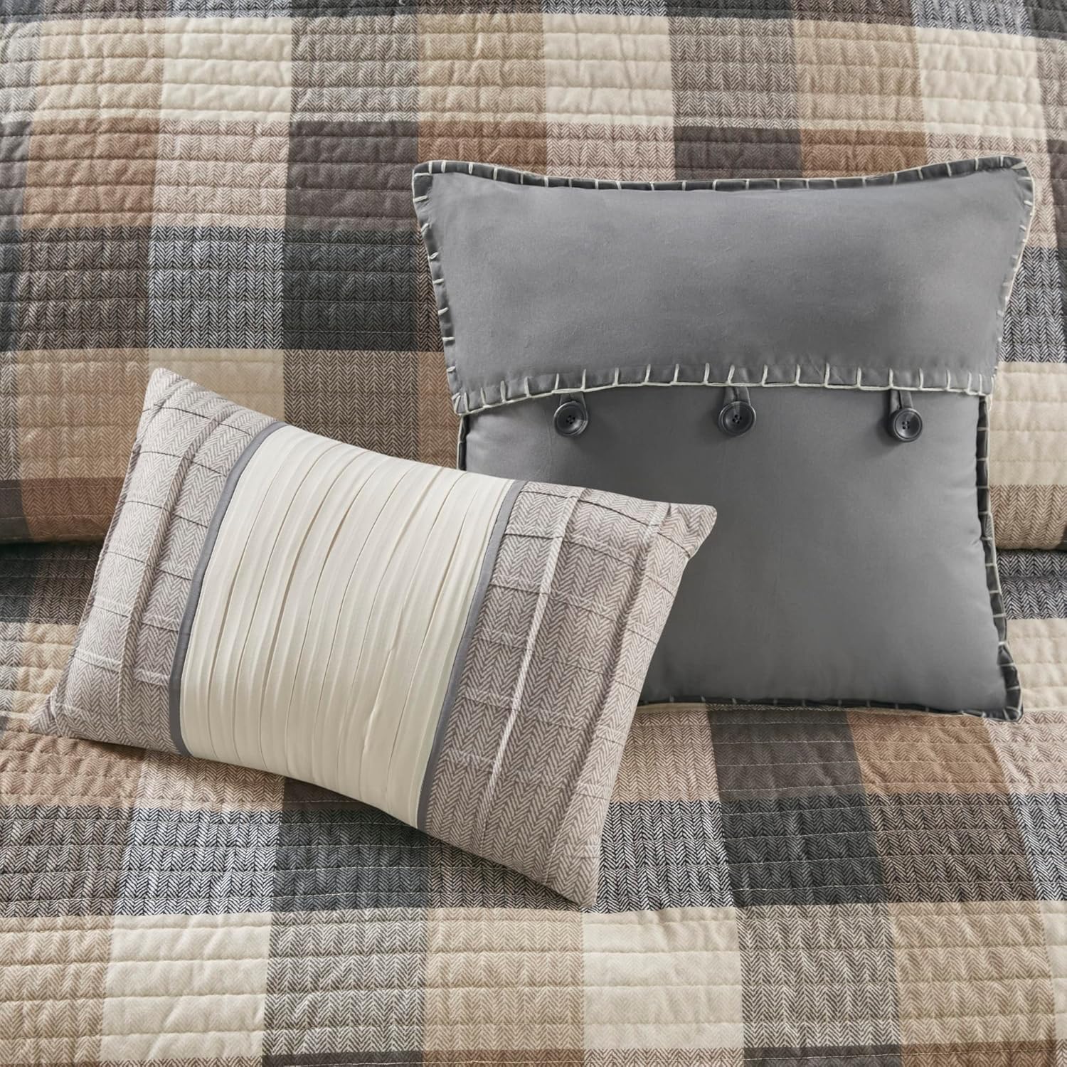 Madison Park Reversible Quilt Set - 6 Piece Neutral Plaid Cabin Style