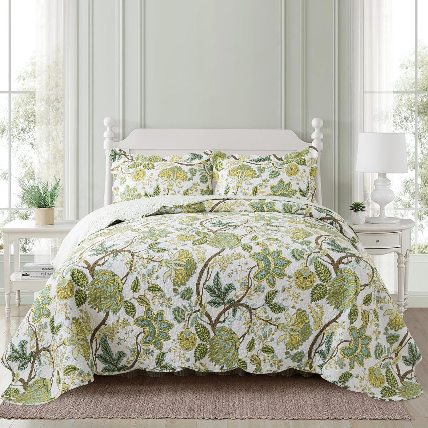 NEWLAKE Reversible Cotton Quilt Set - Floral Vine Pattern King Size