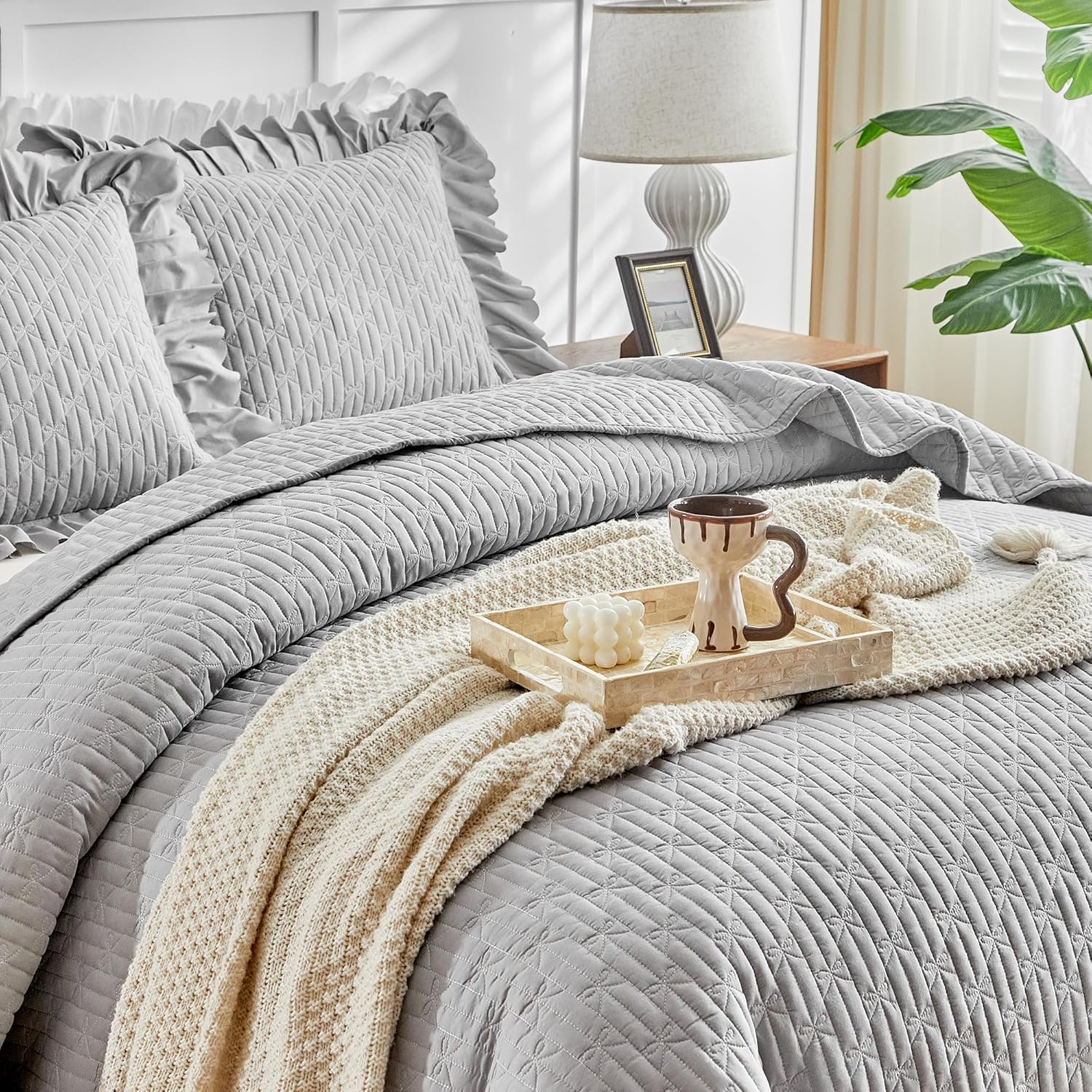 UOZZI BEDDING Ruffled Quilt Set King Size 96x108 Gray