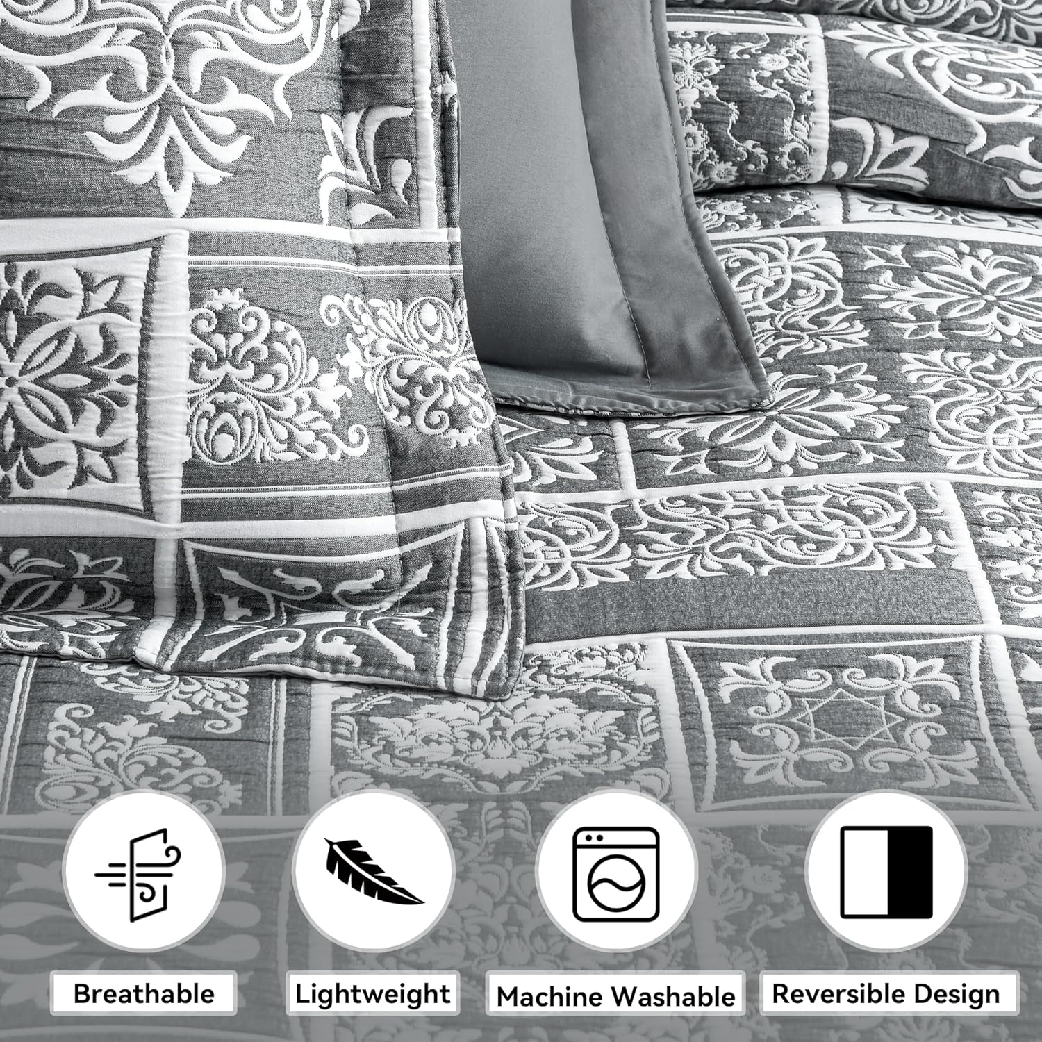 Asuexpect 3 Piece Grey Patchwork Bedspread Set King Size 1