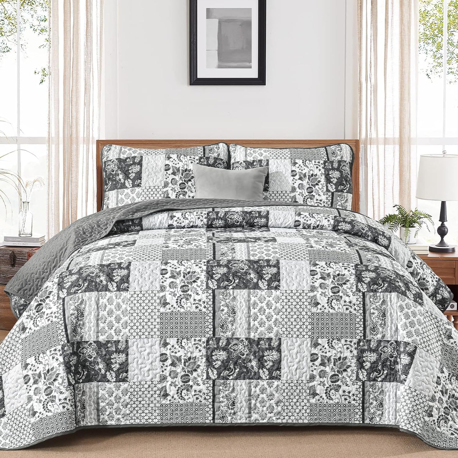 WONGS BEDDING Grey Patchwork Quilt Set King Size 3 Pieces