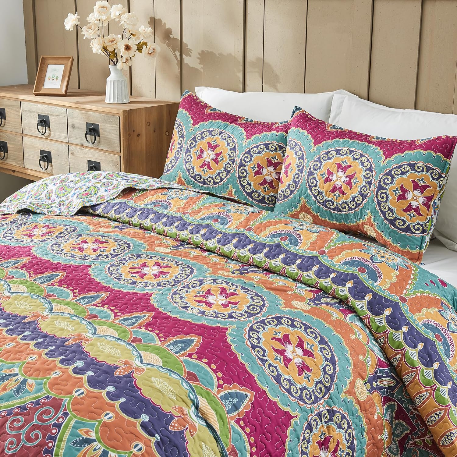 Vibrant Boho Reversible King Size Quilt Set