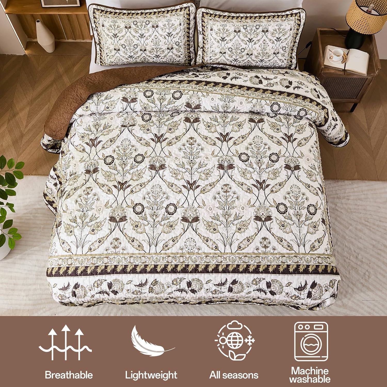 DJY Brown Floral Quilt Set King 3 Pieces
