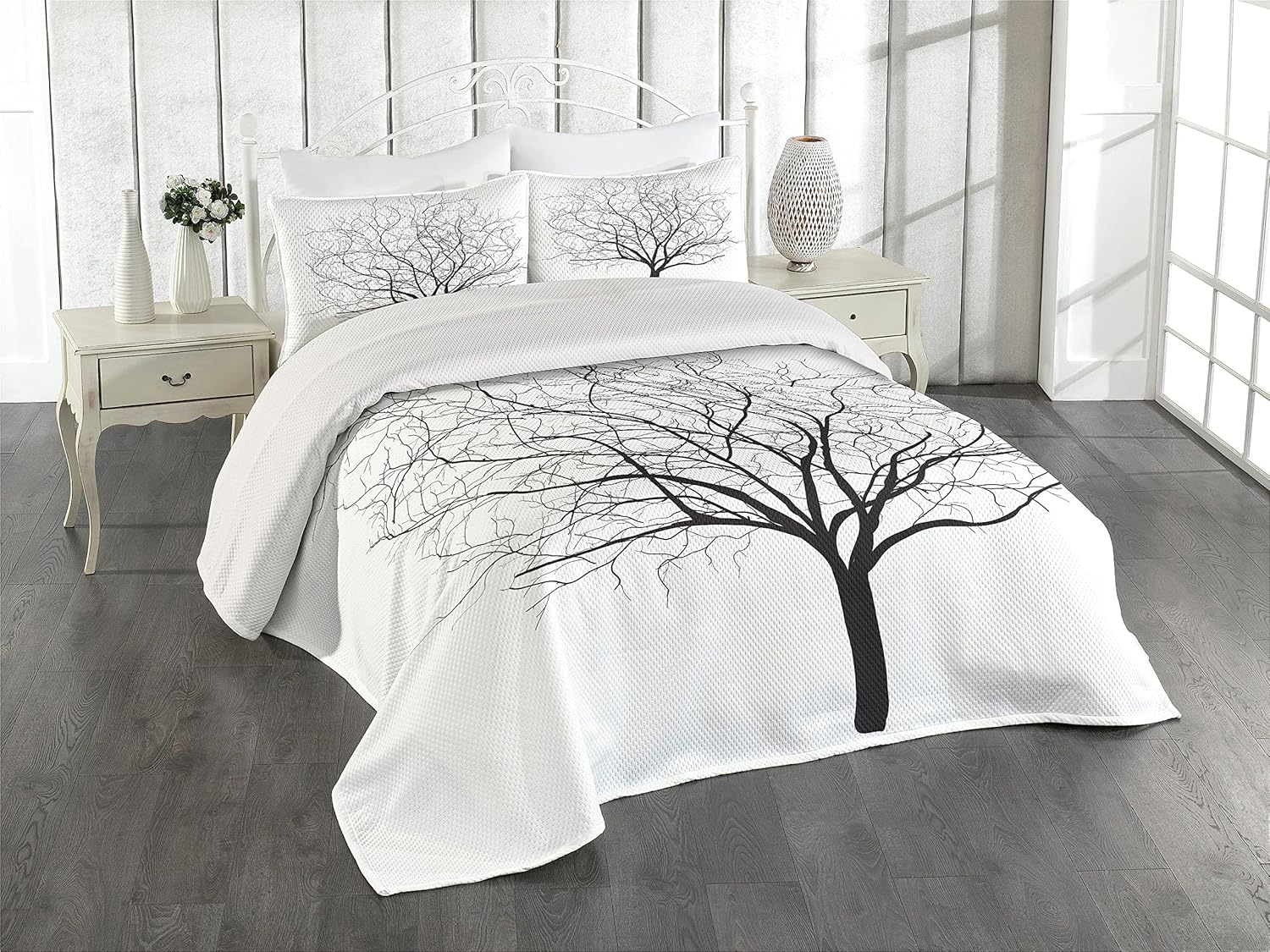 Ambesonne Tree Coverlet Set Charcoal Grey White King Size