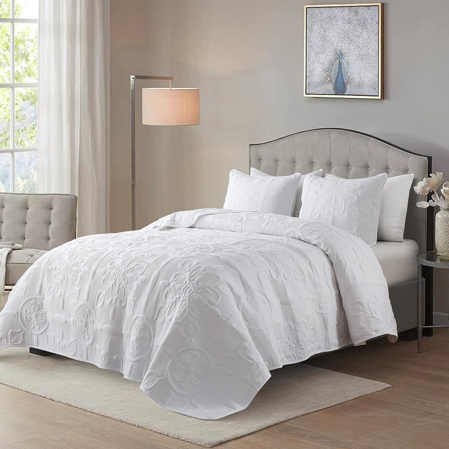 B2EVER Damask Quilt Set Queen Size 90x90 with 2 Pillow Shams