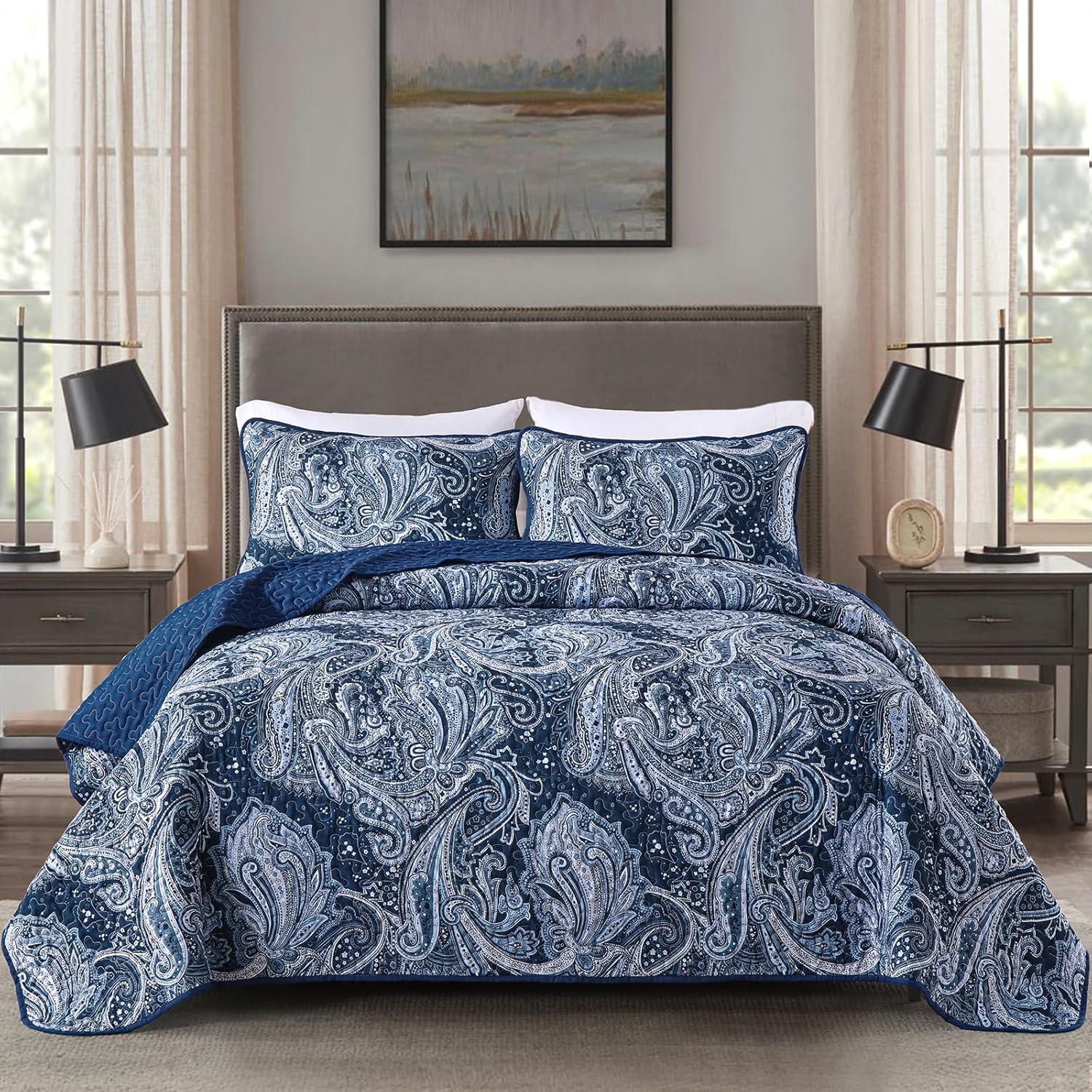 DJY Navy Paisley Queen Quilt Set 3 pcs