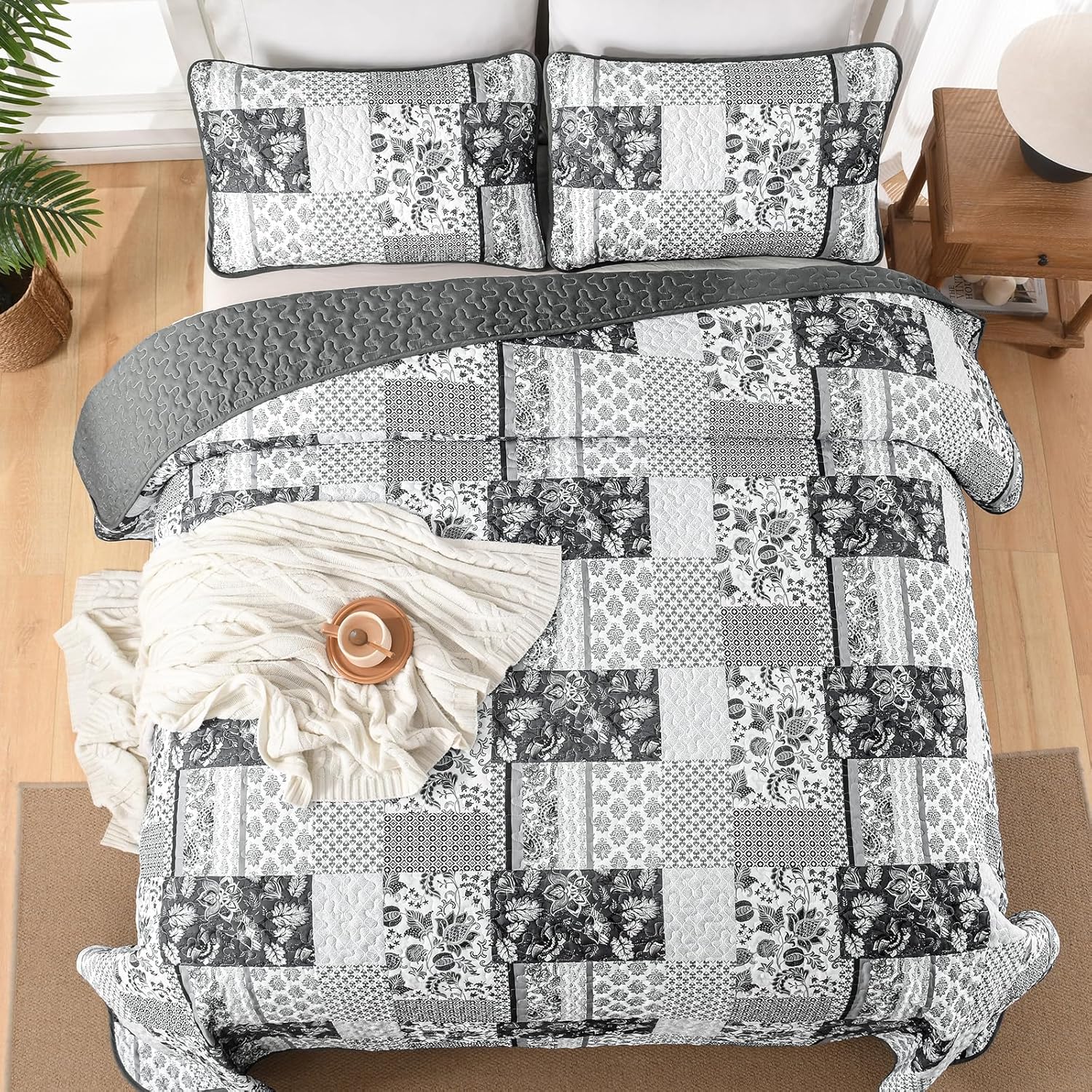 WONGS BEDDING Grey Patchwork Quilt Set King Size 3 Pieces