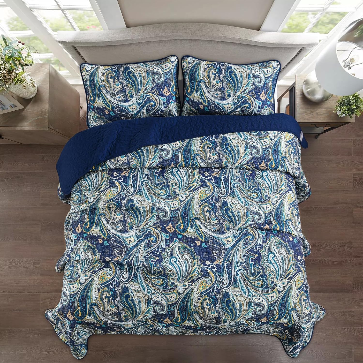 DJY Navy Blue Paisley Quilt Set 3 Piece King Size