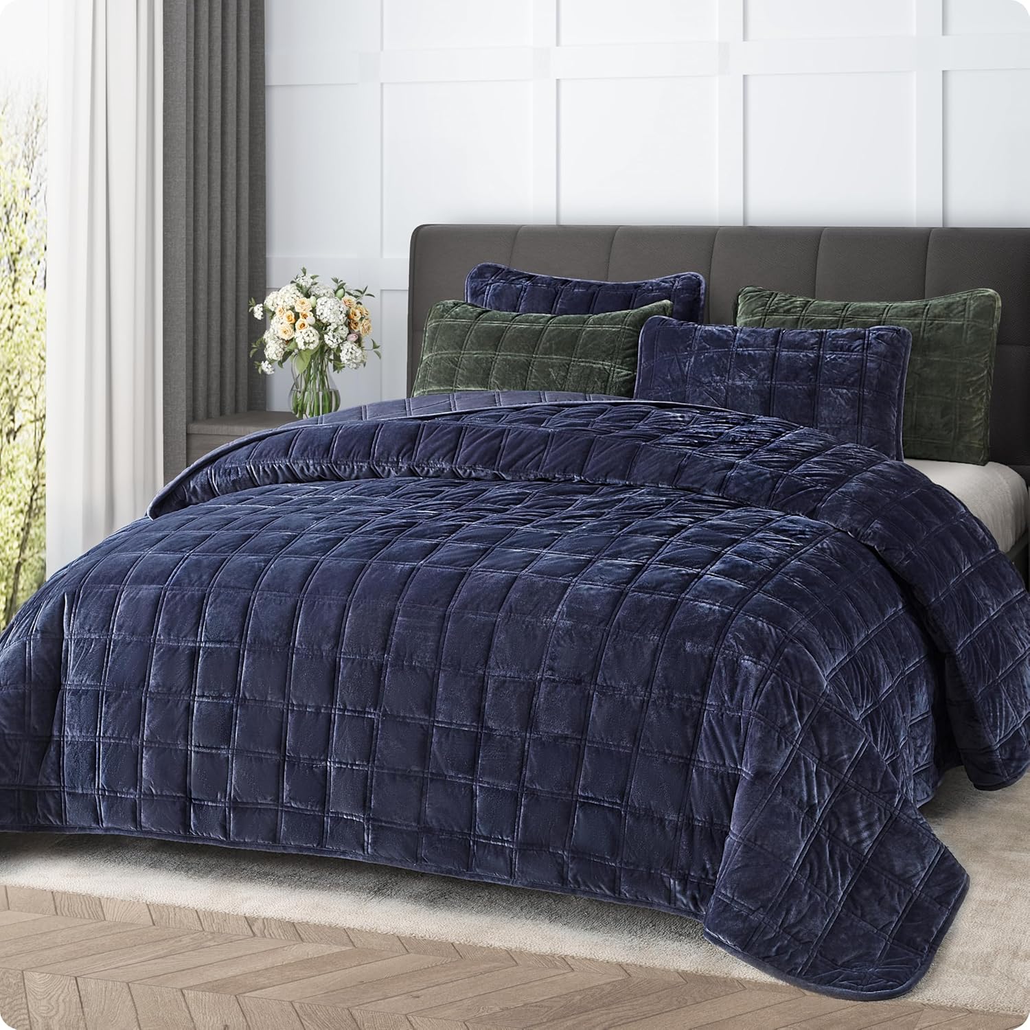 Fleeco 92 x 96 Velvet Quilt Set Queen Size Navy Blue