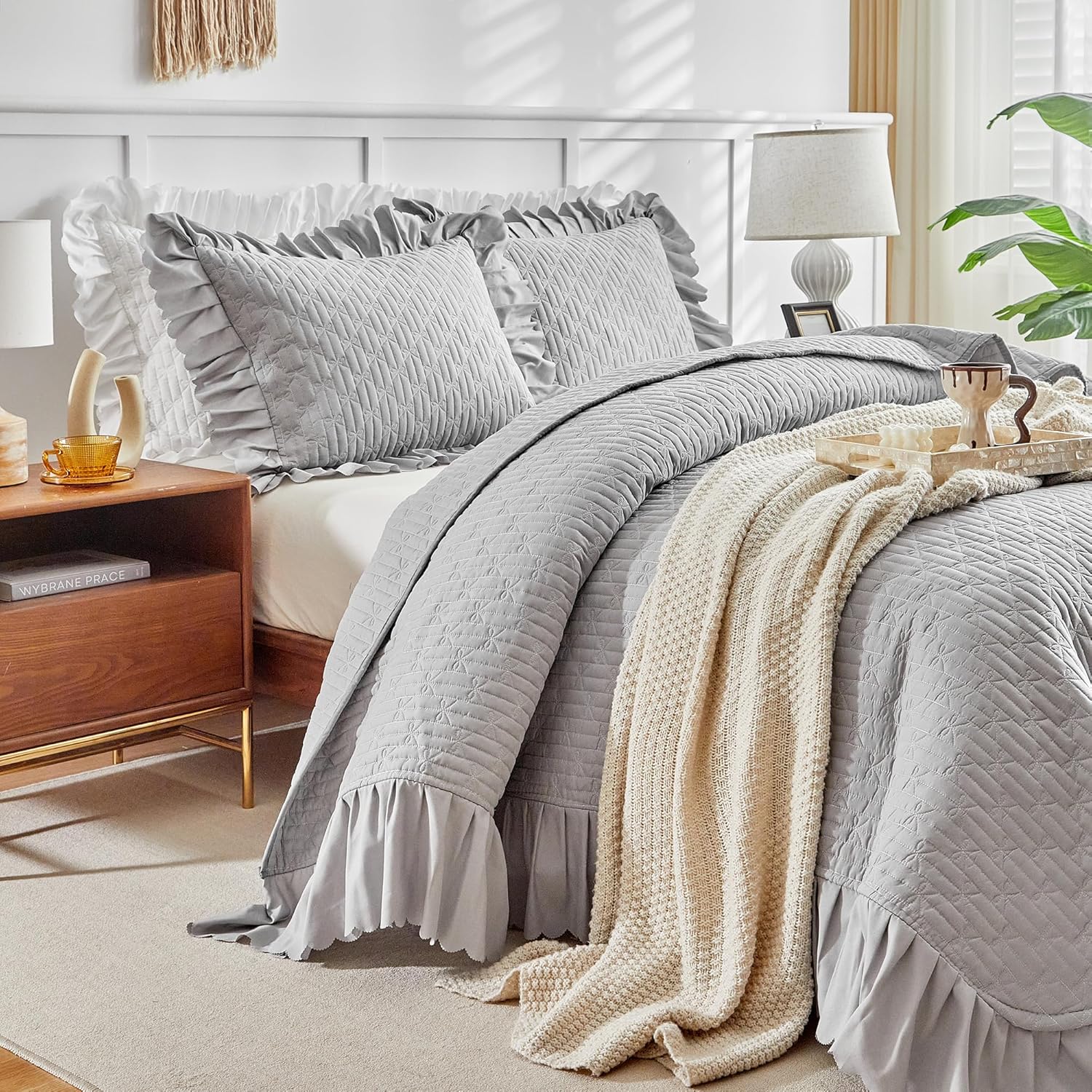 UOZZI BEDDING Ruffled Quilt Set King Size 96x108 Gray