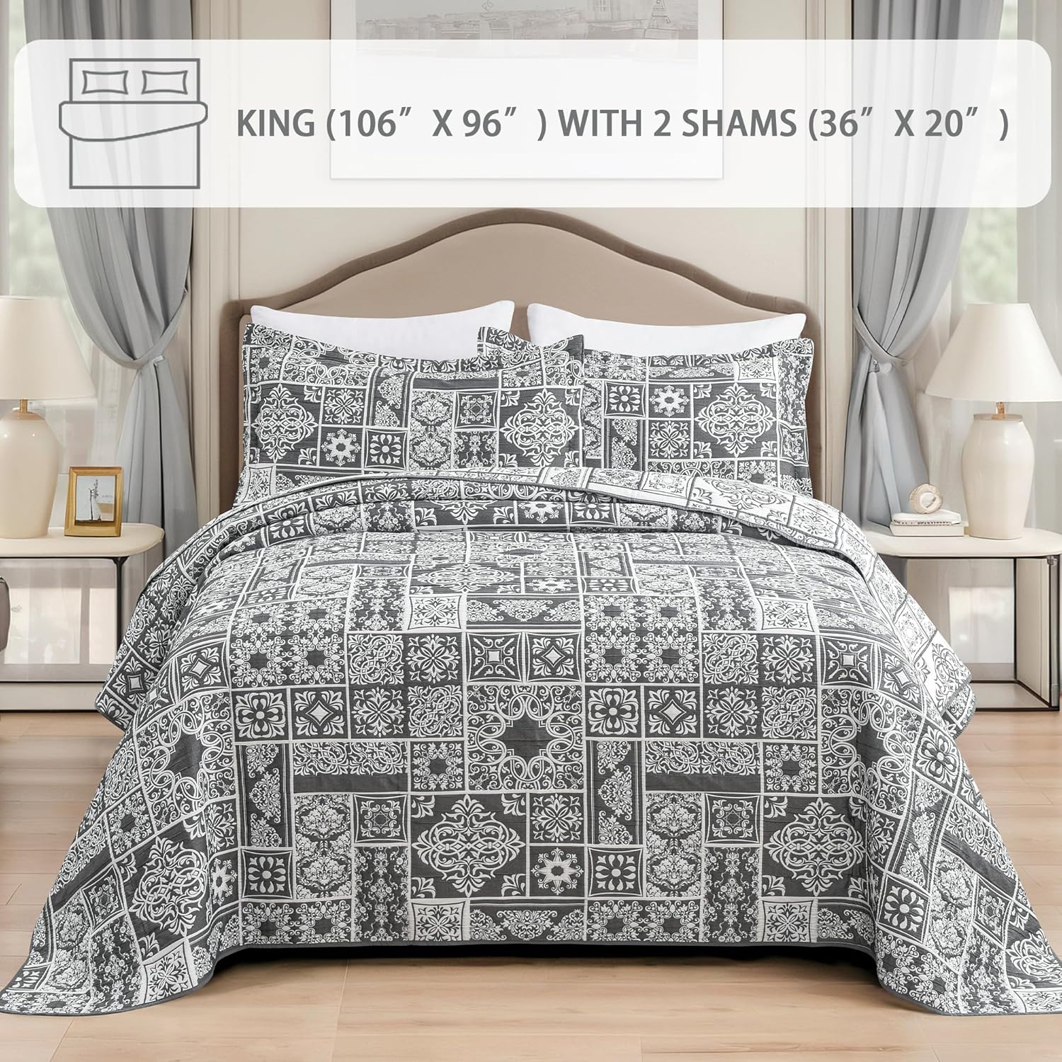 Asuexpect 3 Piece Grey Patchwork Bedspread Set King Size 1