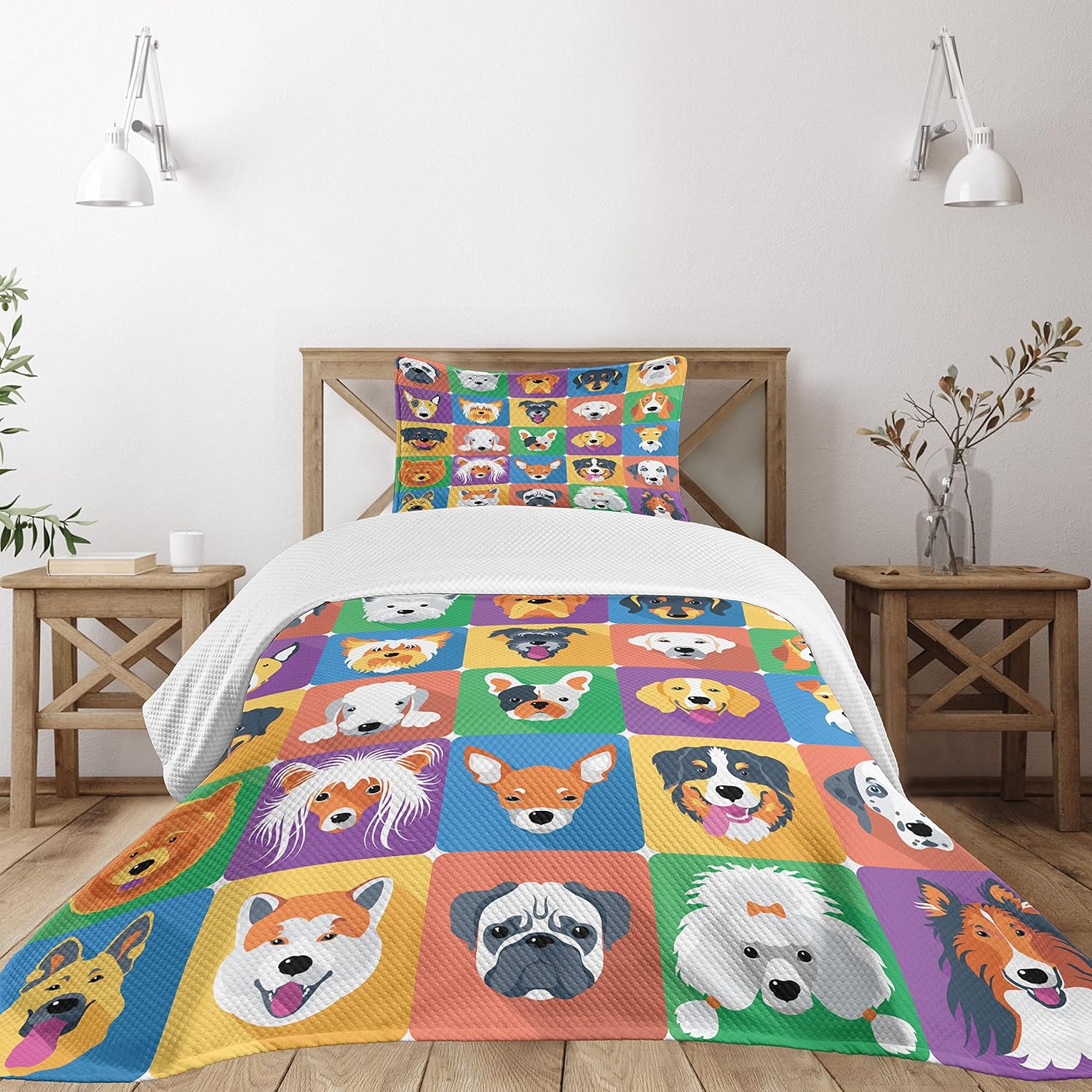 Ambesonne Dog Bedspread Set Twin Size Green Purple