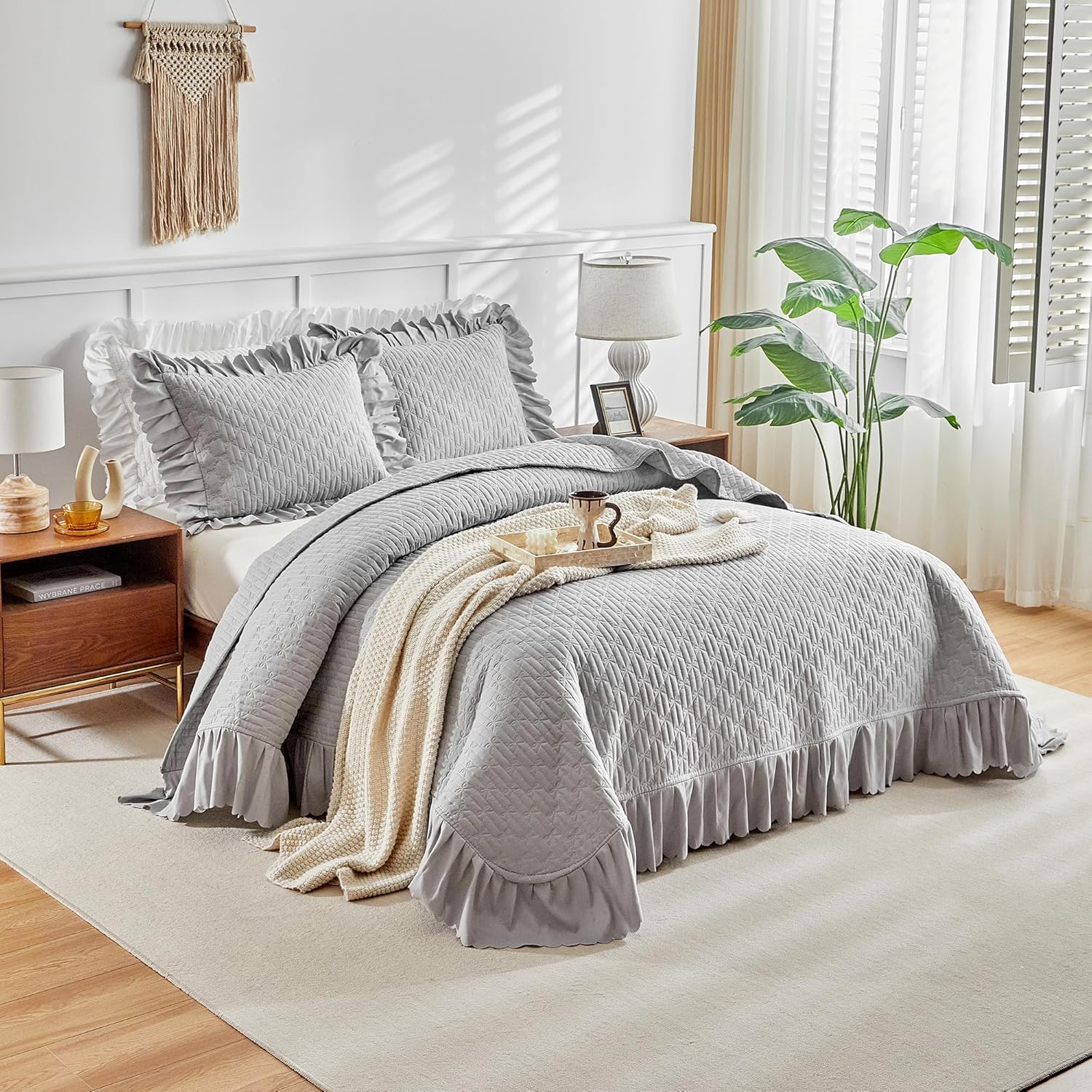 UOZZI BEDDING Ruffled Quilt Set King Size 96x108 Gray