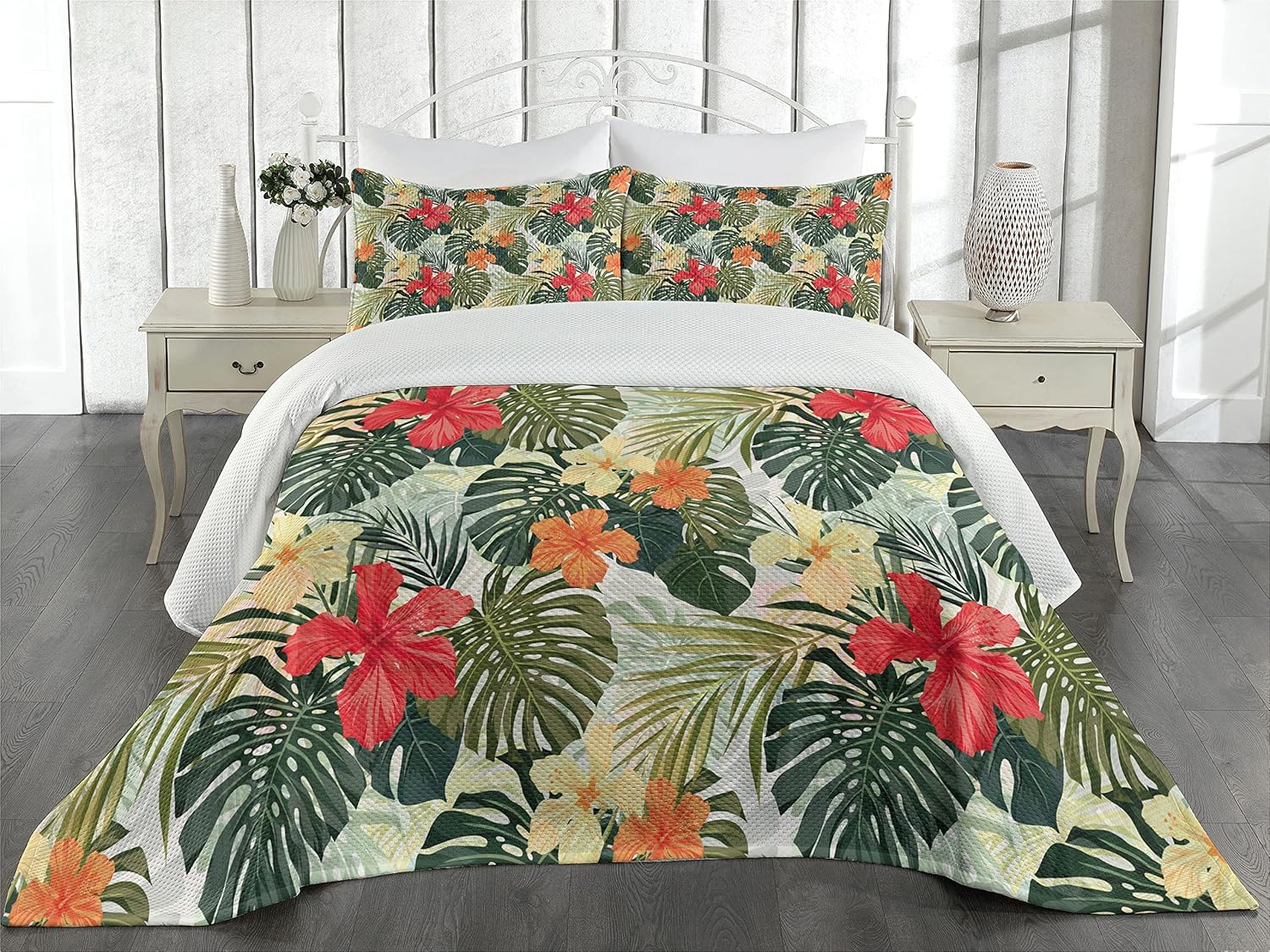 Lunarable Leaf Coverlet Set King Size Orange Yellow